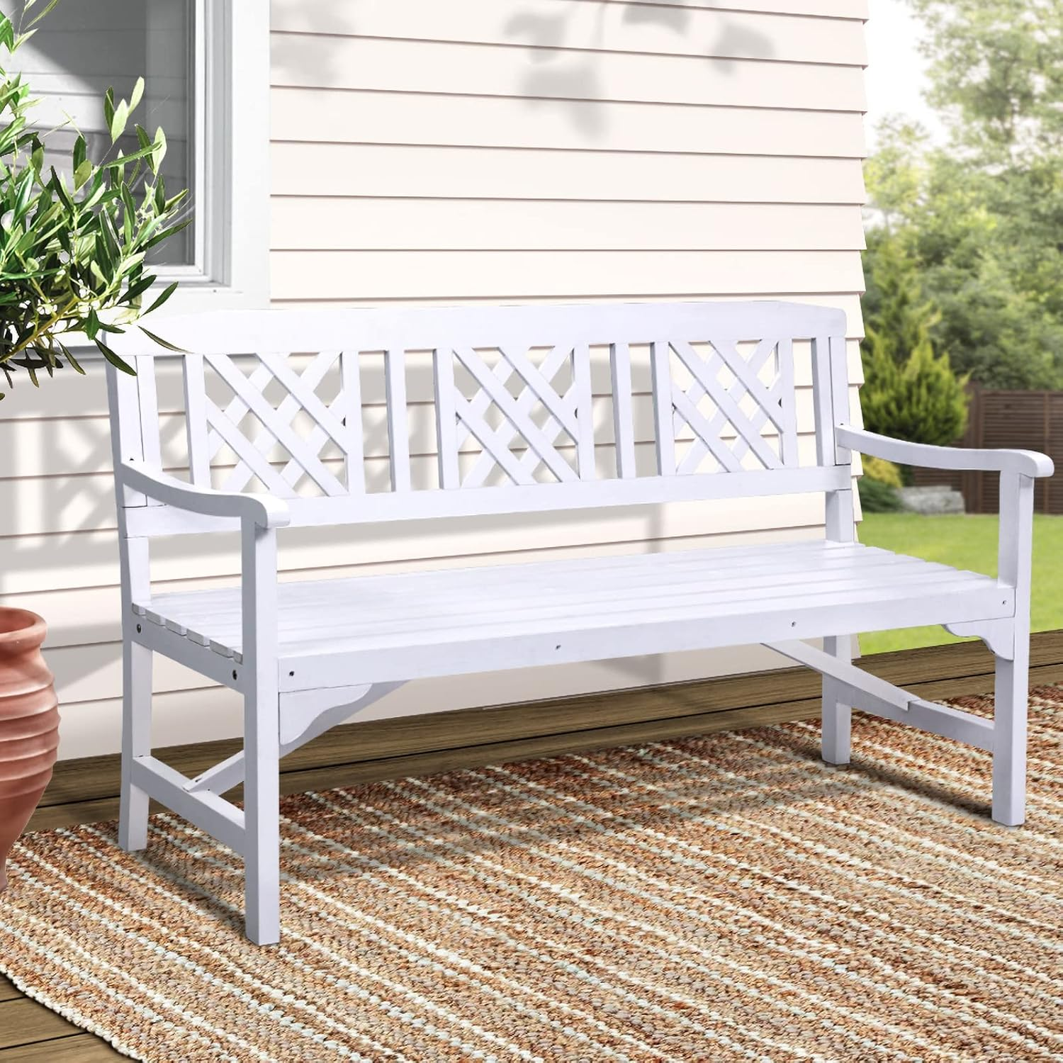 Gardeon Outdoor Garden Bench Seat, 142Cm Length Wooden Benches Relax Lounge Chair Dining Chairs Lounger Park Patio Porch Backyard Terrace Balcony Kids Furniture, with Water Based Paint White image number 4