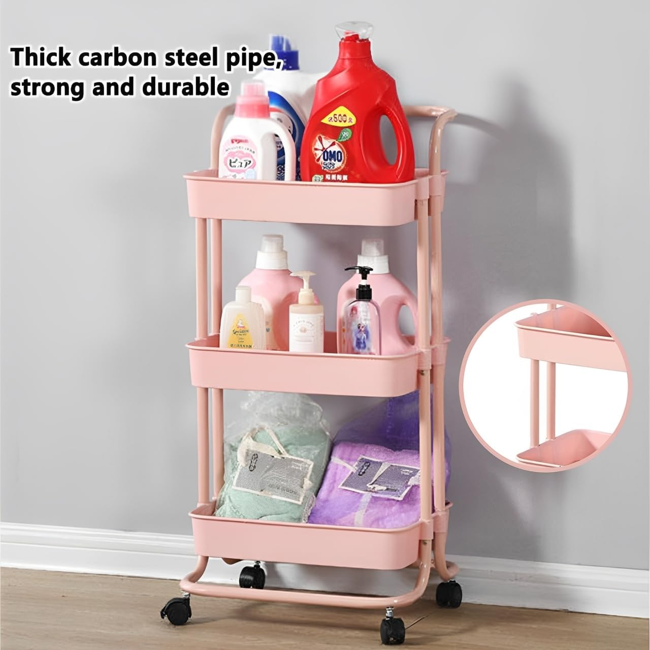 3 Tier Rolling Cart, Mobile Utility Cart with Handle, Multifunctional Organizer Storage Trolley, Storage Shelves for Office, Kitchen, Craft Room (Pink) image number 3