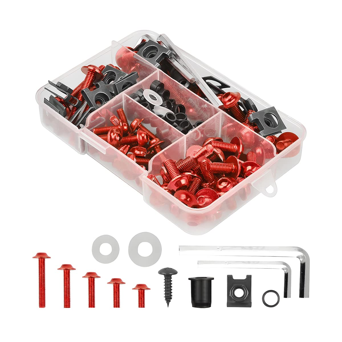 BELOMI Motorcycle Fairing Bolt Kit, 177Pcs M5 M6 Motorcycle Windscreen Screws, Aluminum Fasteners Fairing Bolts Nut Clips Kit, Mounting Kits Washers Nuts Screws Assortment for Sport Bikes (Red) image number 1