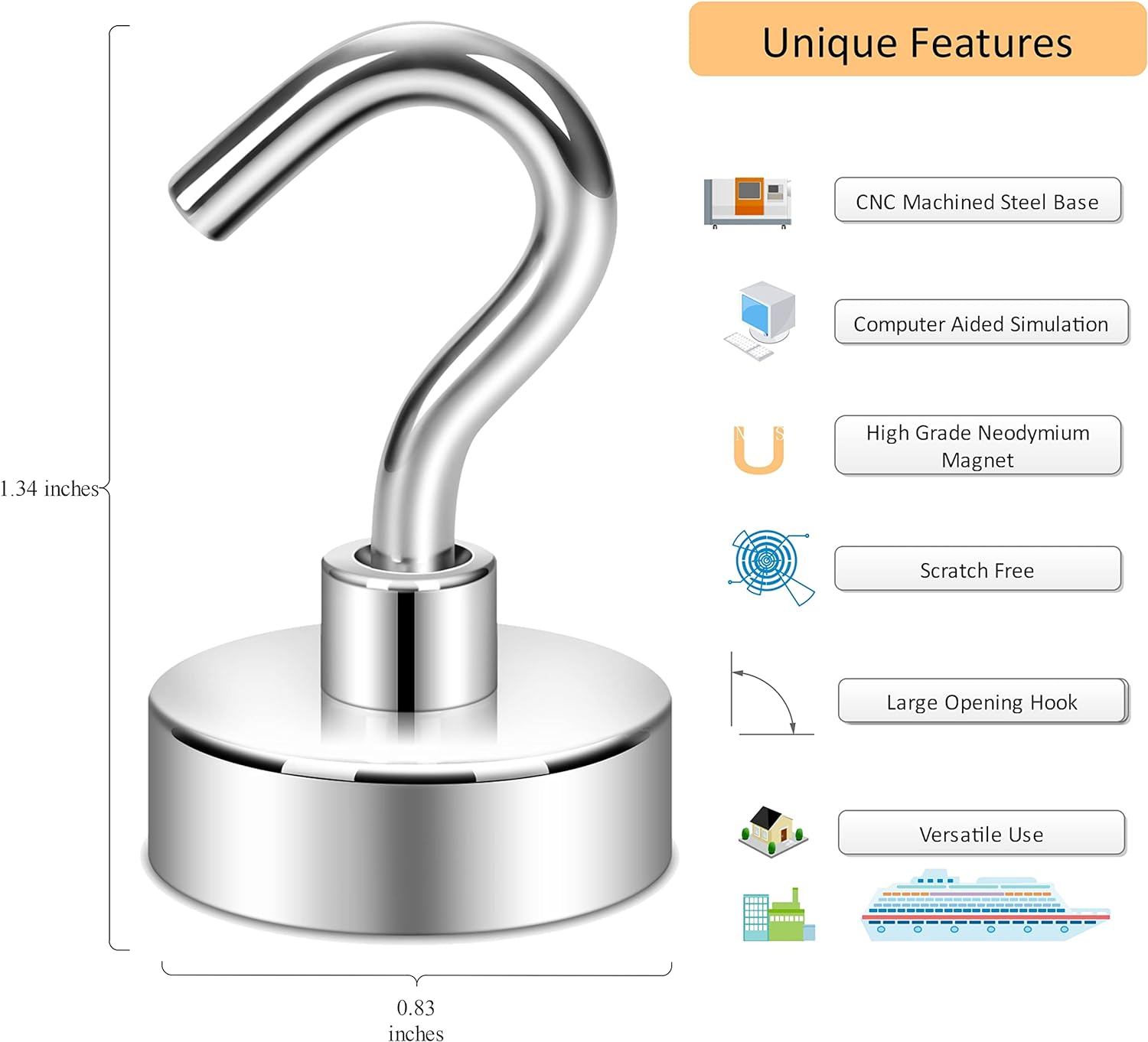 Neosmuk Magnetic Hooks, Heavy Duty Earth Magnets with Hook for Refrigerator, Extra Strong Cruise Hook for Hanging, Magnetic Hanger for Cabins, Grill (Silvery White, Pack of 10) image number 4