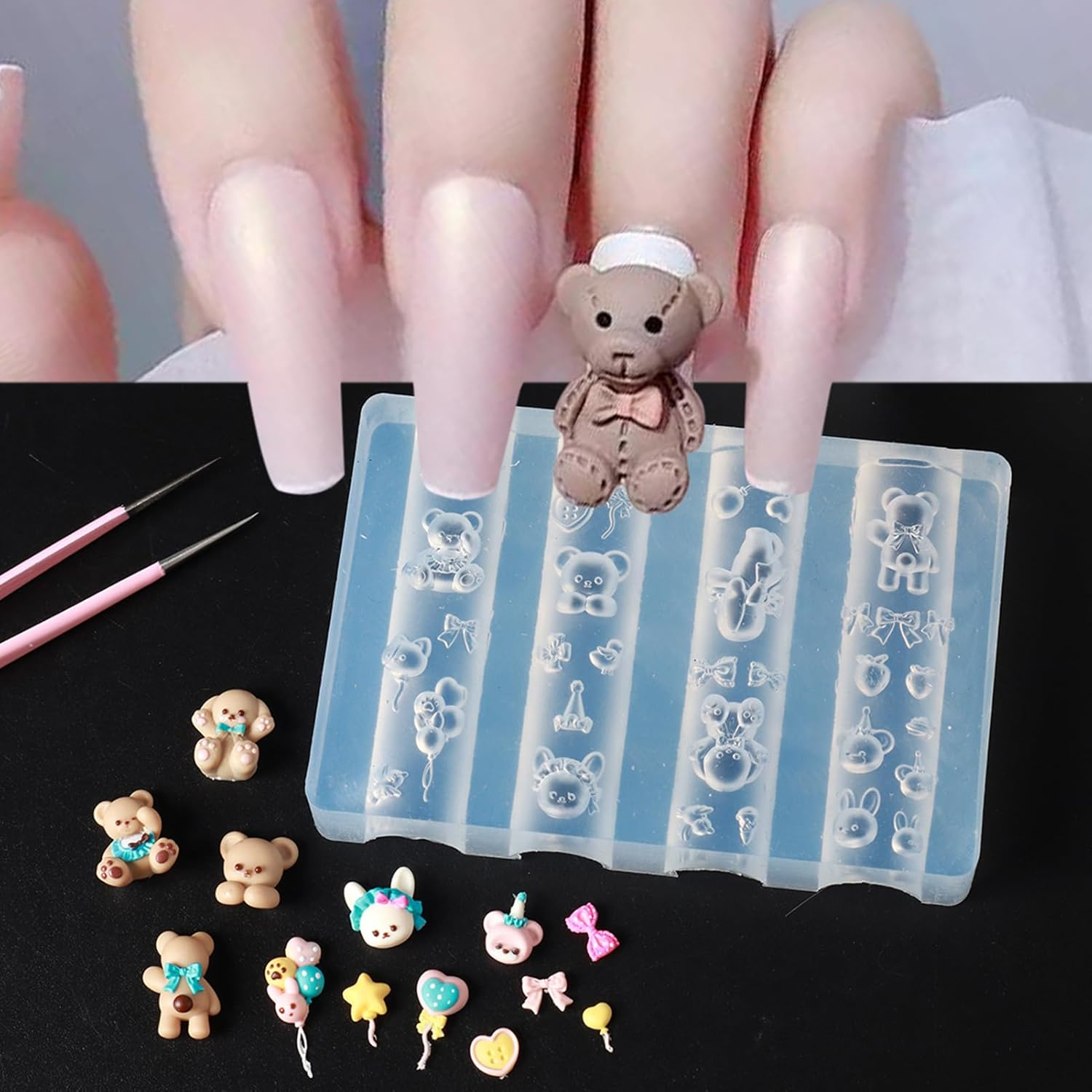 Nails Craft Mold - Fingernails Decoration Mold | Silicone Mold Cartoon Cute Bear | Cute Patterns Nails 3D Decor | Multifunctional Silicone Manicure Accessories for Heart Bow Bear Charm, Home, Travelin image number 3