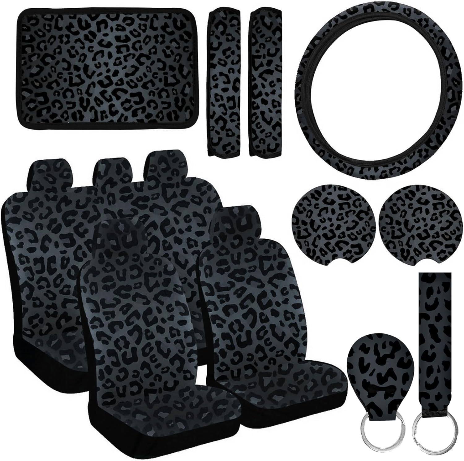 15 Pcs Black Leopard Print Printing Car Steering Wheel Cover Center Console Armrest Pad Headrest Seat Belt Cover Handbrake Cover Keychain Coaster Full Set Car SUV image number 4