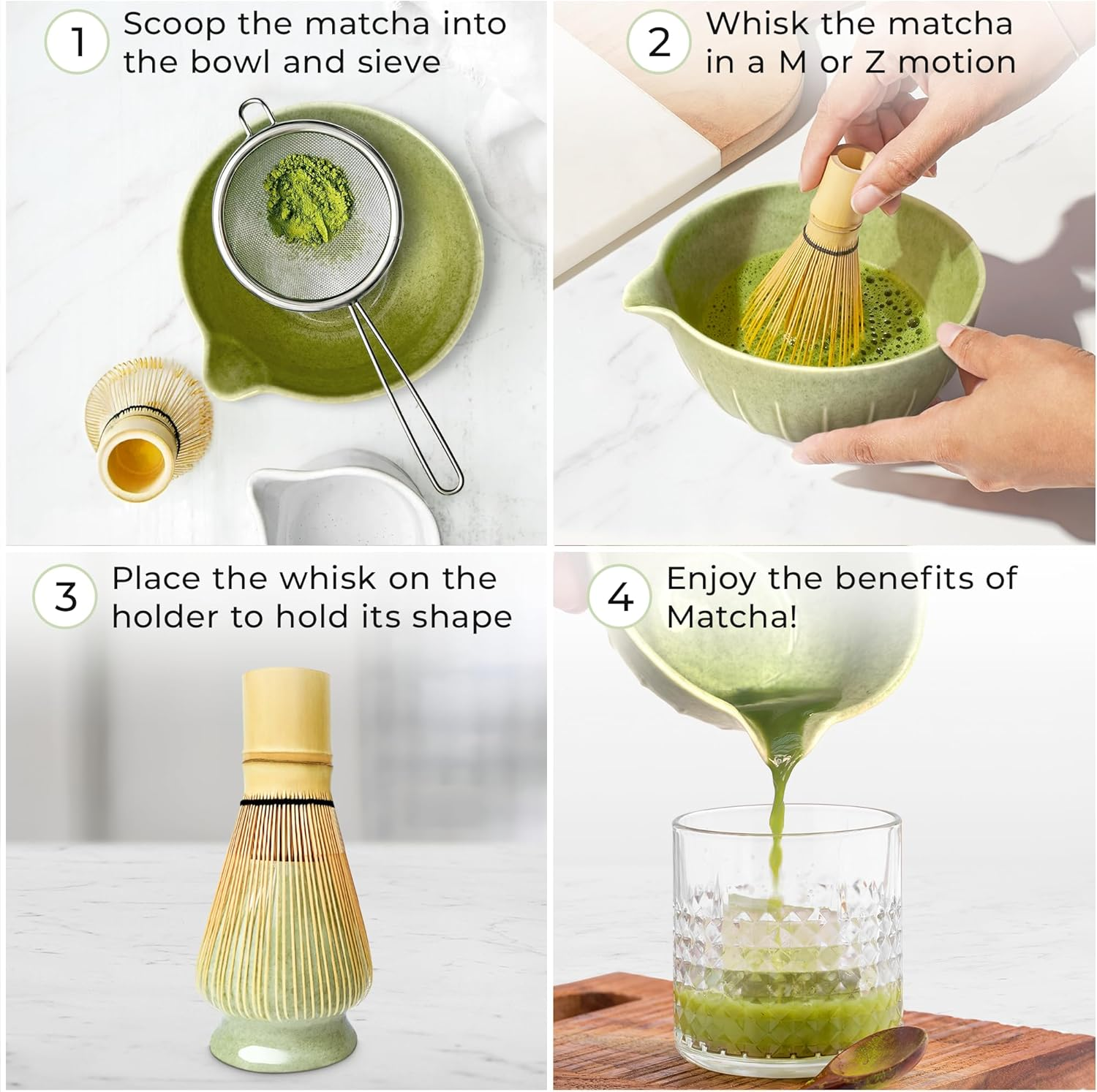 Premium 5Pcs Japanese Matcha Whisk Set &ndash; Includes 500 Ml Matcha Bowl with Spout, Bamboo Chasen Whisk, Whisk Holder, Sieve and Scoop &ndash; Elegant Mottled Green Glaze with Vertical Pattern image number 4