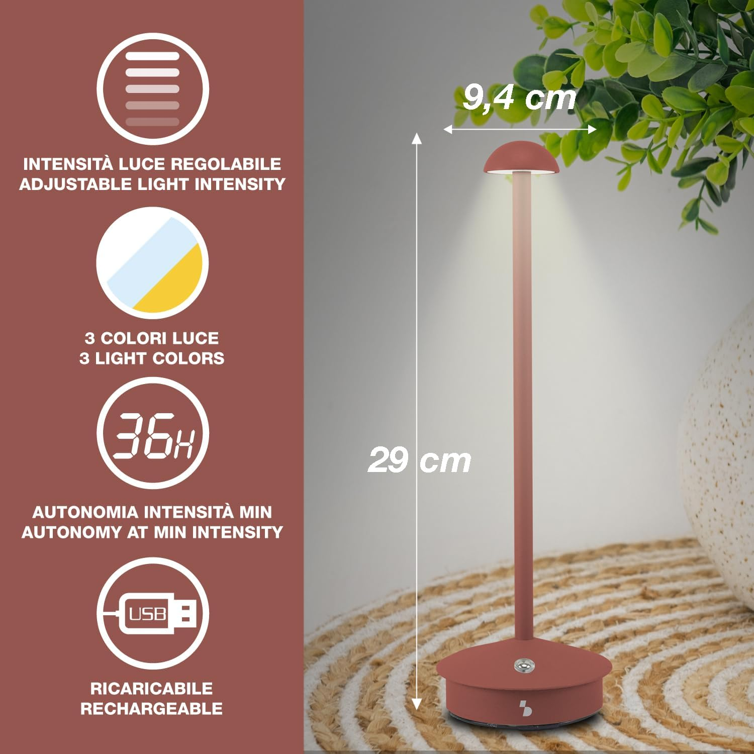 BEPER P207ILI151 Rechargeable Wireless Table Lamp, 3 Colours, Dimmable, USB Type-C Included, Portable for Desk, Bedside or Table. image number 5