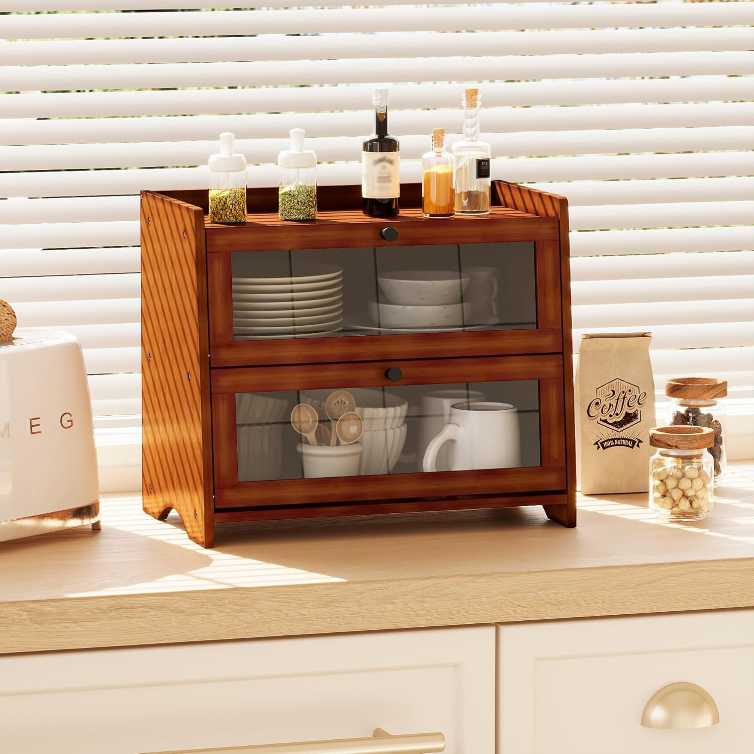 BAMBANG Bread Box for Kitchen Countertop, Extra Large Bamboo Bread Storage Container for Homemade Bread, Double Layer Sourdough Breadox, Bread Bin Organizer for Counter Cabinet Pantry, Brown image number 7