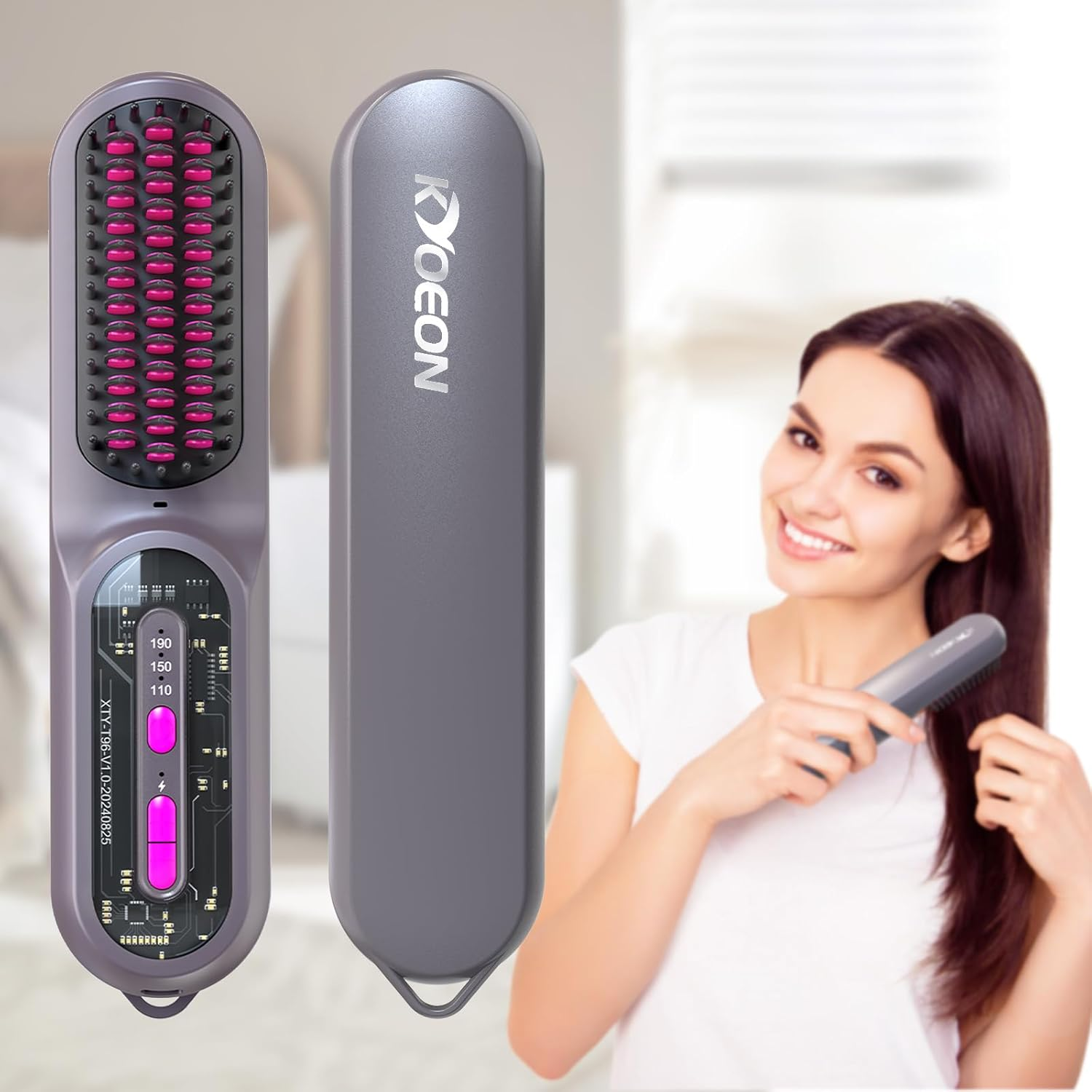 Electric Hair Straightener Brush, KYOEON Portable Cordless Mini Hair Straightening Brush for Women Travel, 9600Mah Rechargeable, Fast Heating Hair Straight Comb