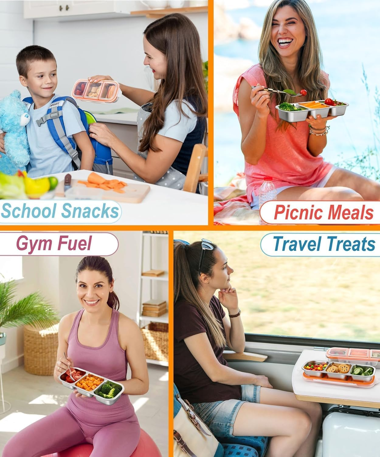 3 Pack Reusable Snack Containers with Lids - 3 Compartments Stainless Steel Bento Box - Food Storage Containers, Dishwasher and Suitable for Kitchen Snacks Dips Take Out Travel and Outdoor Camping