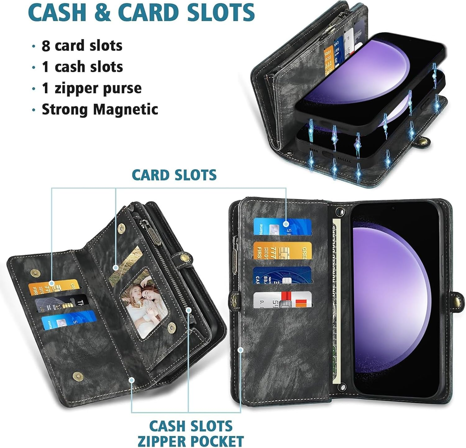 Asuwish Mobile Phone Case for Samsung Galaxy S23 FE 5G Case with Strap Film Protective Film Card Slot Foldable Leather Flowers Wallet Stand S 23 S23FE 23FE Cases Protective Tempered Glass Screen - Black image number 4