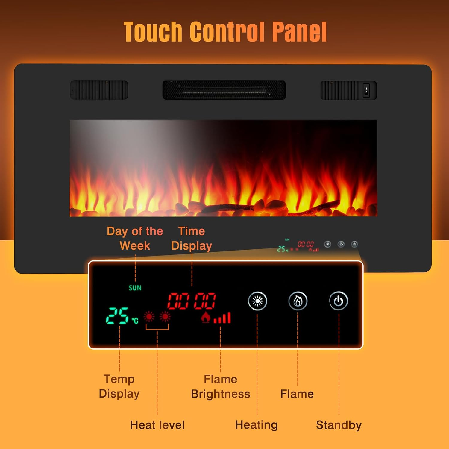 Electric Fireplace Inserts, 1000W/2000W Recessed/Wall Mounting Space Heater with 10 Flame Colors Timer Flame Display Brightness Adjustable image number 4