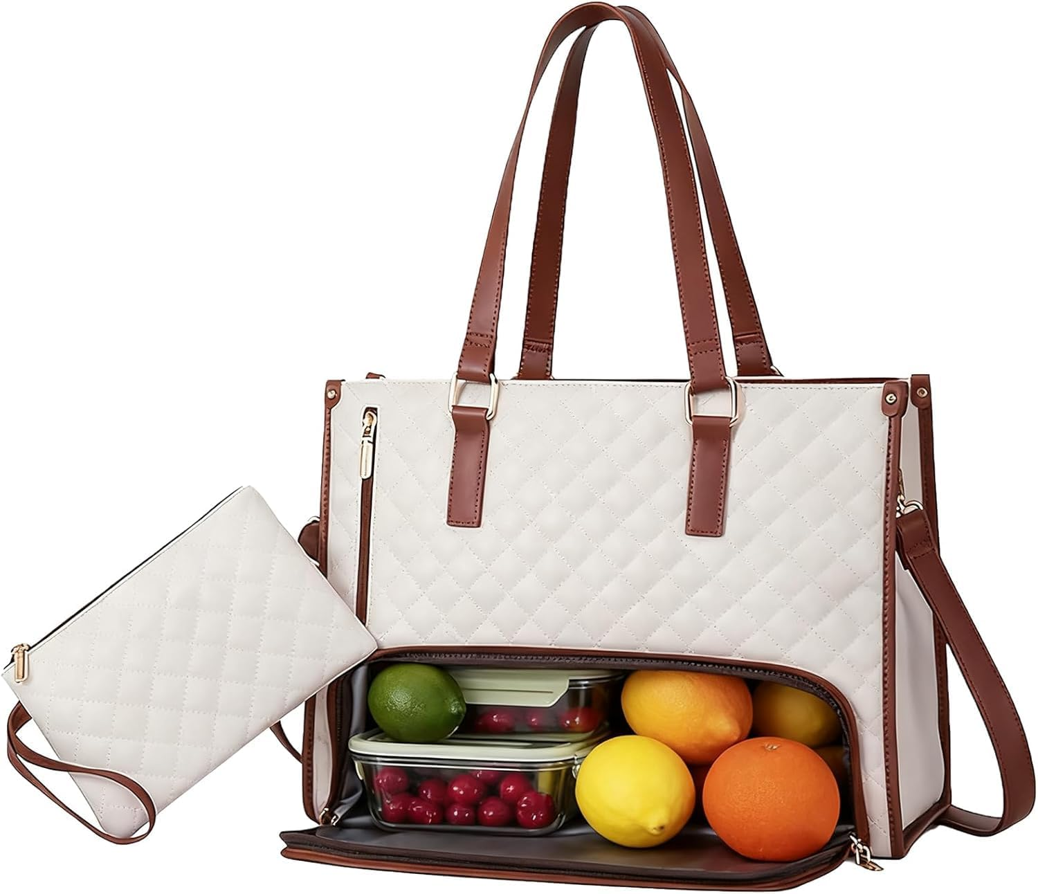 MINYII 2 in 1 Lunch Tote Bag for Women, 15.6 Inch Large Insulated Leakproof Lunch Compartment Bag & Work Tote, Laptop Handbag with Purse for Office, Business, College, Travel