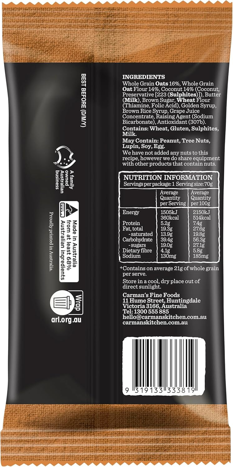 Carman'S Oat Slice Golden Oat & Coconut 12X70G Slices (Pack of 12)