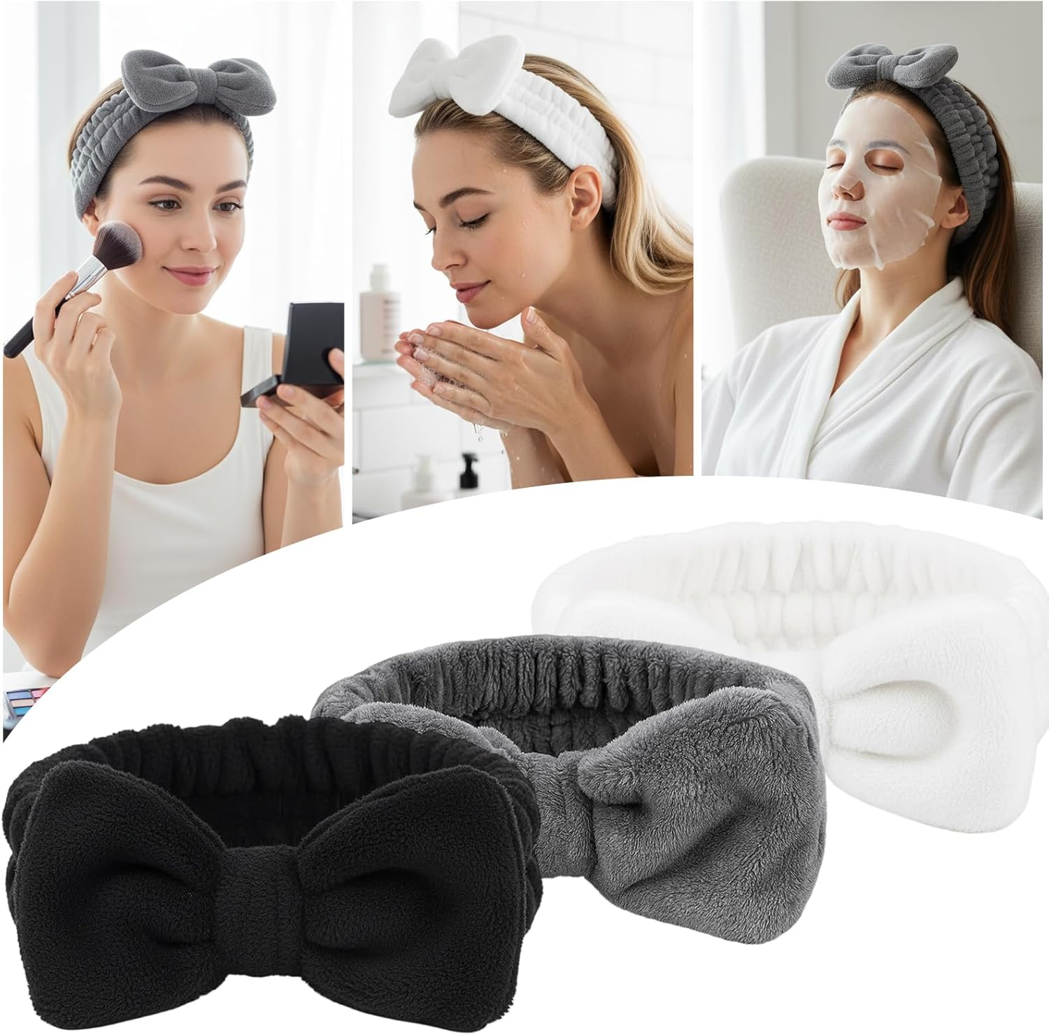 Spa Headband, 3 Pack Soft Skincare Headbands for Women, Makeup Headband for Washing Face, Facial Headband for Yoga, Spa and Travel, Grey Black White image number 2