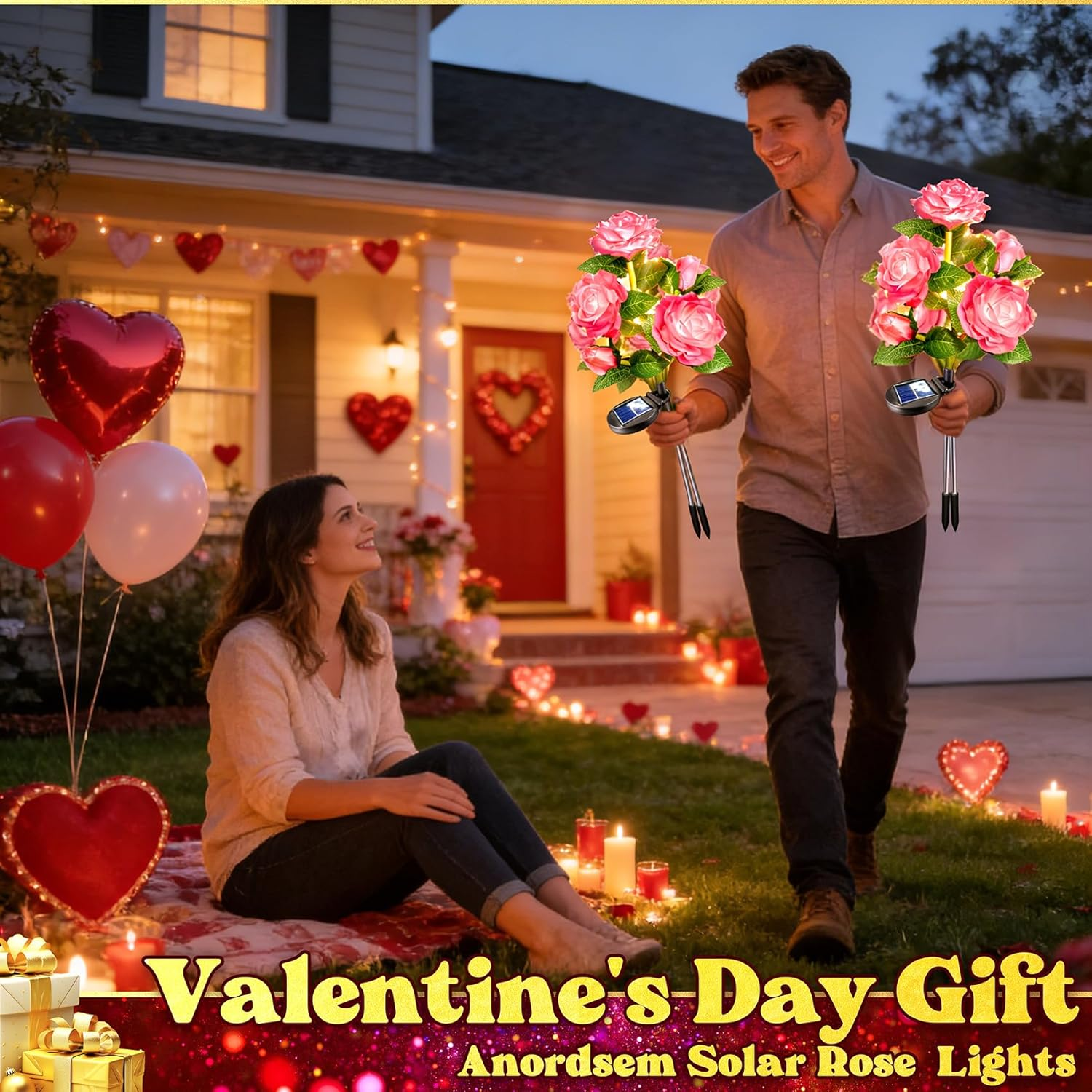 Solar Flowers Lights Garden Outdoor Decor 2 Pack, Waterproof Pink Cemetery Rose for Grave Yard Patio Path Flower Bed Decorotions Outside, Valentines/Mothers Day Birthday Gifts for Mom Women Grandma image number 2