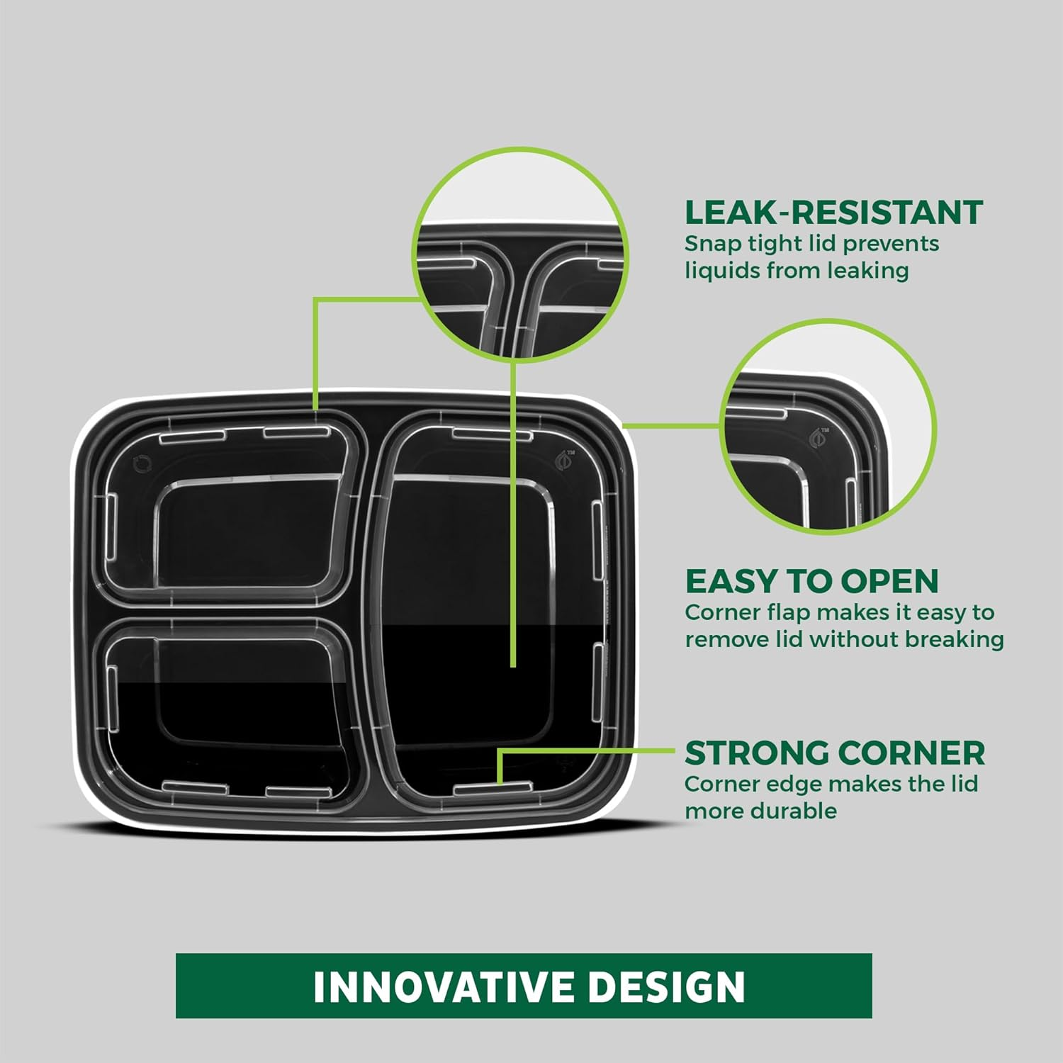Freshware Meal Prep Containers [150 Pack] 3 Compartment with Lids, Food Storage Containers, Bento Box, BPA Free, Stackable, Microwave/Dishwasher/Freezer Safe (24 Oz) - 24Oz-21Pk image number 3