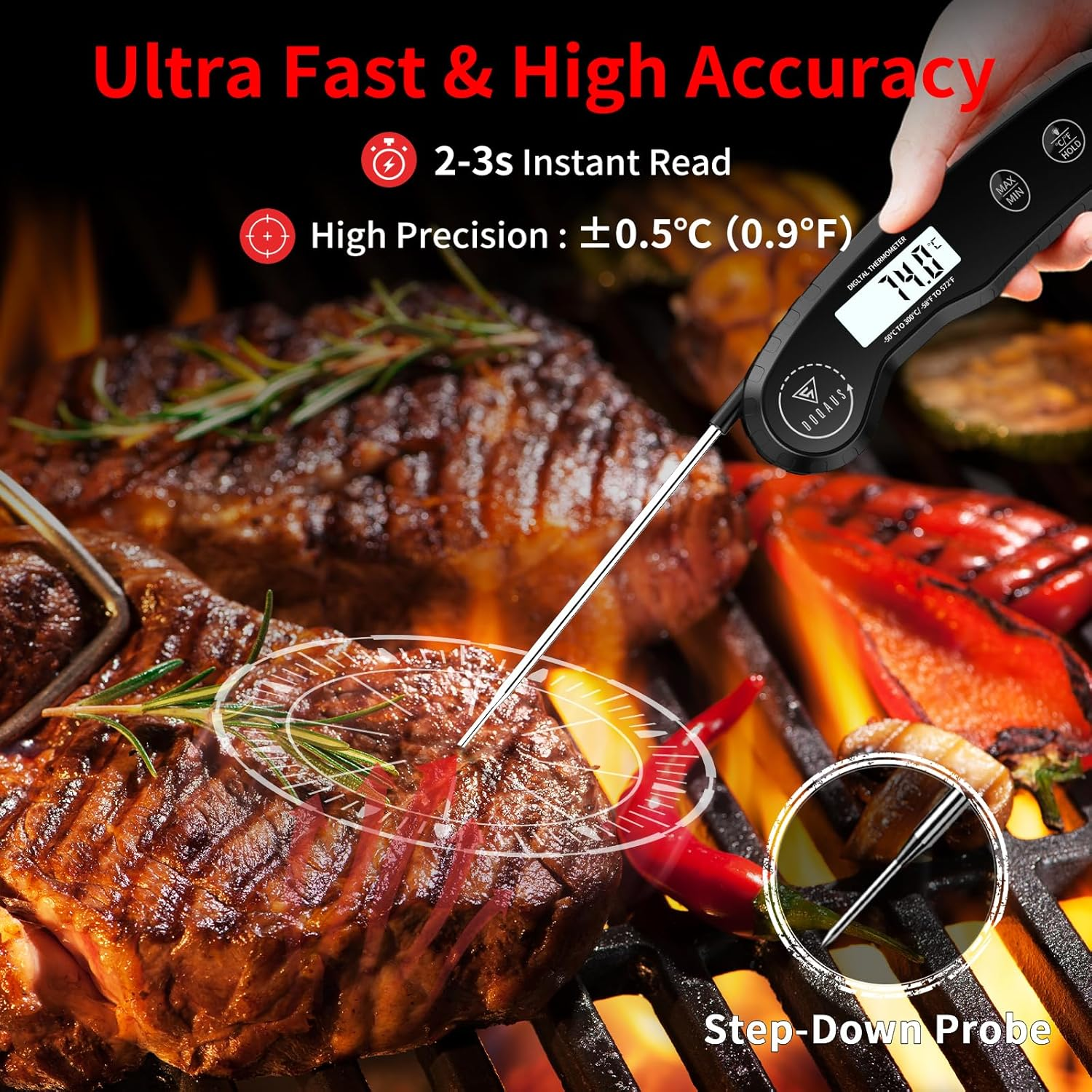 DOQAUS Meat Thermometers, 3S Instant Read Food Thermometer with &plusmn;0.5℃ Precision, Backlit LCD, 12Cm Stainless Food Probe, Auto On/Off Meat Thermometer Probe for Cooking, Baking, BBQ, Water, Oil, Black image number 1