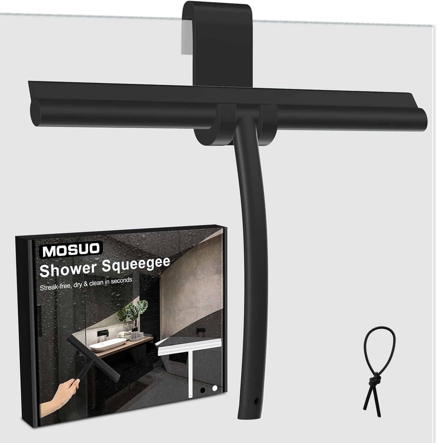 MOSUO Shower Squeegee, Shower Squeegee, Silicone with Holder without Drilling, Stainless Steel Core for Window Squeegee, Bathroom, Mirror, Glass Cleaning, Tiles, Car Windows - Black