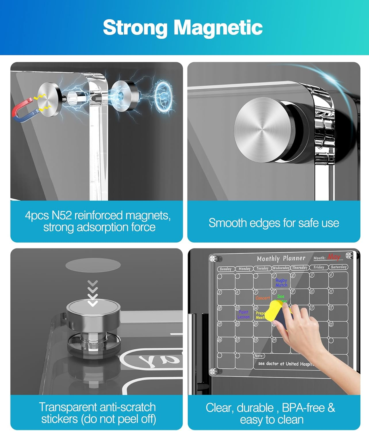 Joiyota Acrylic Magnetic Calendar for Fridge, 2-Pack Clear Dry Erase Monthly & Weekly Reusable Planner/Planning Board for Refrigerator, Includes 8 Markers, Pen Holder & Eraser, 30X40Cm, Popular in USA - Colorful Monthly  Weekly Planner image number 7