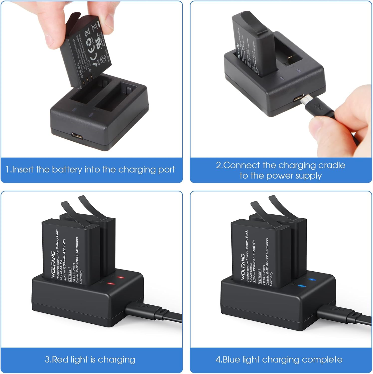 WOLFANG Action Cam Battery Charging Set with Two 1350 Mah Batteries and USB Charger for GA100 / GA200 / GA300 image number 2