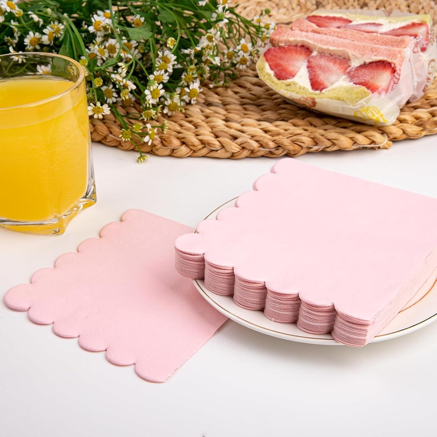 Weidllys 200 Pack Cocktail Napkin 2-Ply Scalloped Edged Dessert Napkins Folded 5 X 5 Inches Disposable Napkins for Dinner Wedding Birthday Party Bridal Anniversary Reception Event (Pink) image number 5