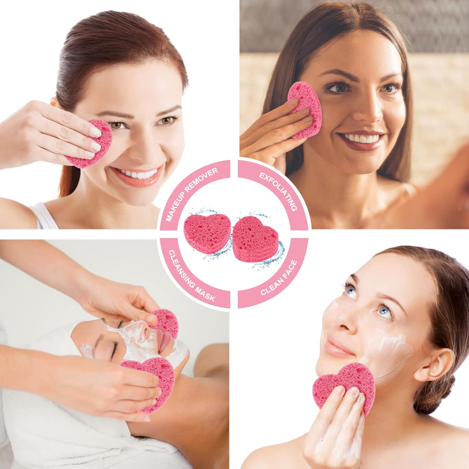 WLLHYF 20 Pieces Compressed Facial Sponges Natural Cellulose Facial Cleaning Sponges Professional Cosmetic Spa Sponges for Face Cleansing Makeup Removal Pore Exfoliating (Heart-Pink)