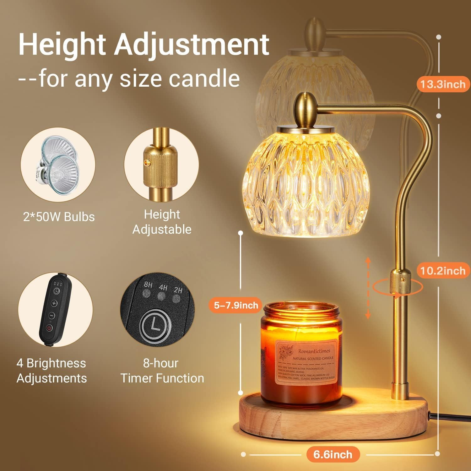 Candle Warmer Lamp with Timer & Dimmer - Height Adjustable for Scented Candles - Includes 2 50W Bulbs for Home Decor (Gold) image number 4