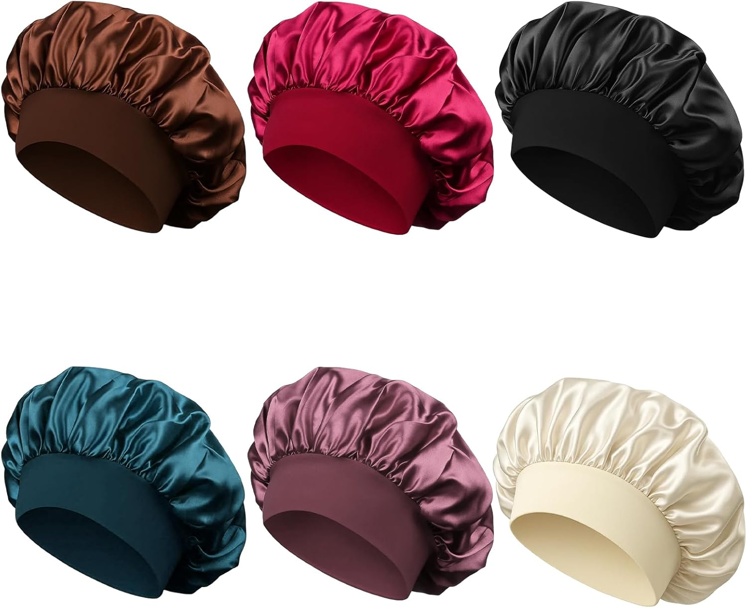Bonnet Silk Sleep Cap, Set of 6 Hair Caps for the Night, Soft Satin Hood for Sleeping, Black, Wine Red, Blue, Dark Brown, Pink, Beige image number 4