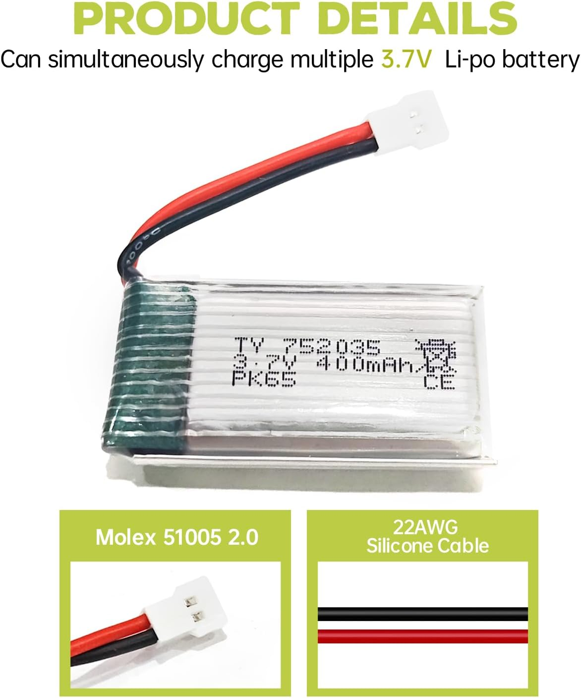 5PCS 3.7V 400Mah 25C Discharge High Rate Li Battery with 5In1 Charger for Hubsan X4 H107C H107L Syma Q11 X11C H99W H31 HS170C F180C TOZO Q2020 E016H A120 V966 TR-C385 TR-F22 Spare Parts RC Drone image number 5