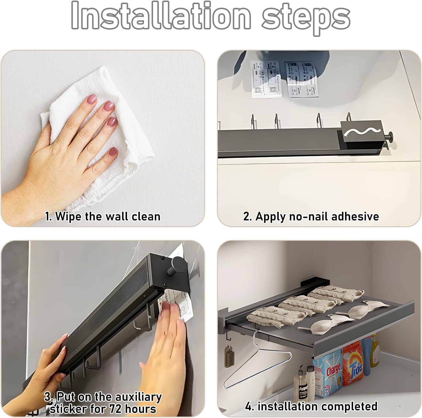 Uandhome Foldable Clothes Drying Rack, Aluminum Mesh Hanger, Wall Mounted, 8 Hooks, Laundry Drying Rack for Bathroom, Balcony, Wash Basins (Black, 64Cm) image number 5