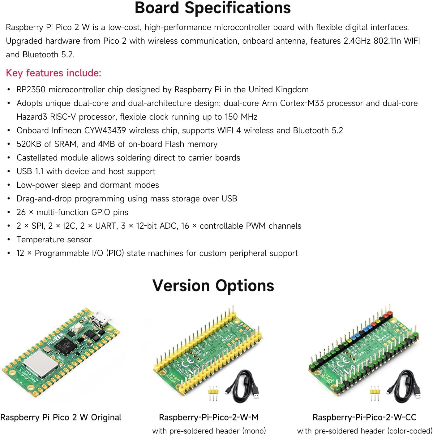 Waveshare Raspberry-Pi-Pico-2-W-M, Compatible with Raspberry Pi Pico 2 Microcontroller Board, Based on Official RP2350 Chip, Dual-Core & Dual-Architecture Design, 3 Items image number 4