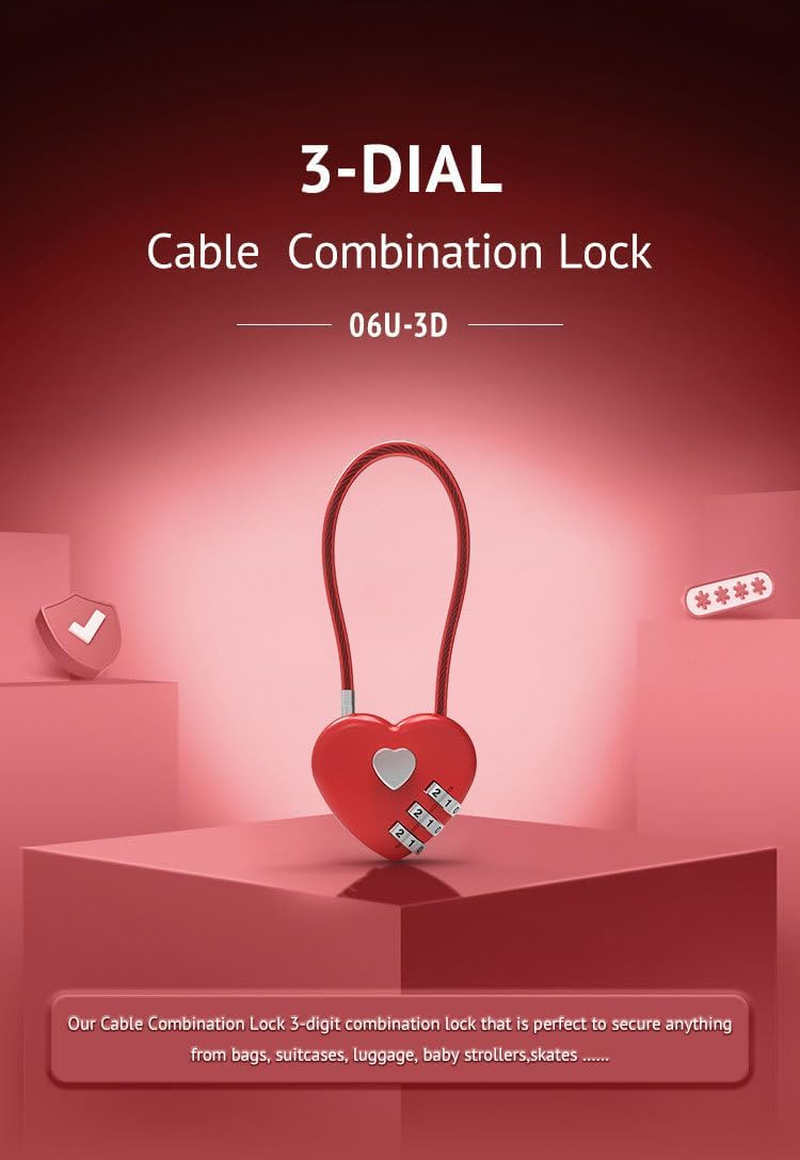 Maizoon 6 Pack Love Heart Combination Lock 3 Digit Waterproof Padlock with 400MM/15.75IN Steel Wire Resettable Code Combo Suitable for Luggage Motorcycle Helmet Backpack School Locker image number 5