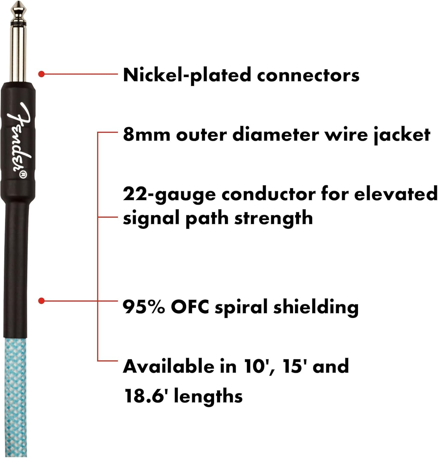 Fender Professional Series Tweed Instrument Cable, Guitar Cable, Guitar Accessories, Straight/Straight, Spiral Shielding for an Anti-Kinking Design, Daphne Blue, 15Ft image number 6