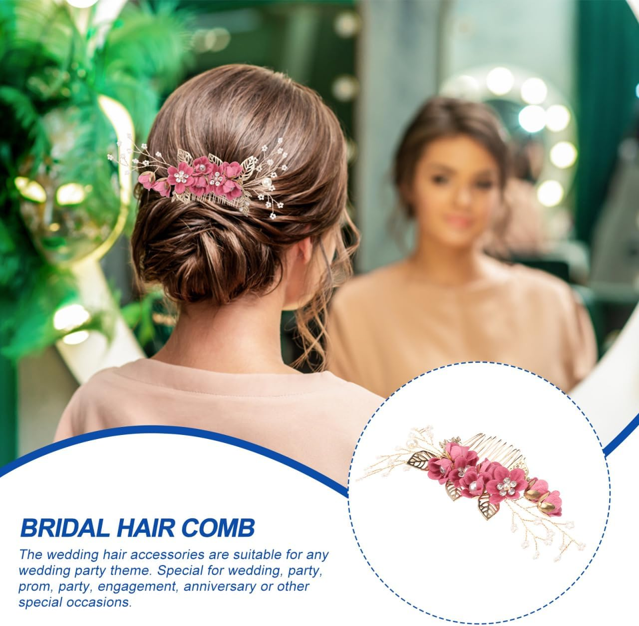 Hemobllo Side Hair Clips with Flowers for the Bride: Alloy Headpiece with Rhinestones and Flowers for Wedding Brides Hair Comb Wedding Prom Birthday Party image number 4
