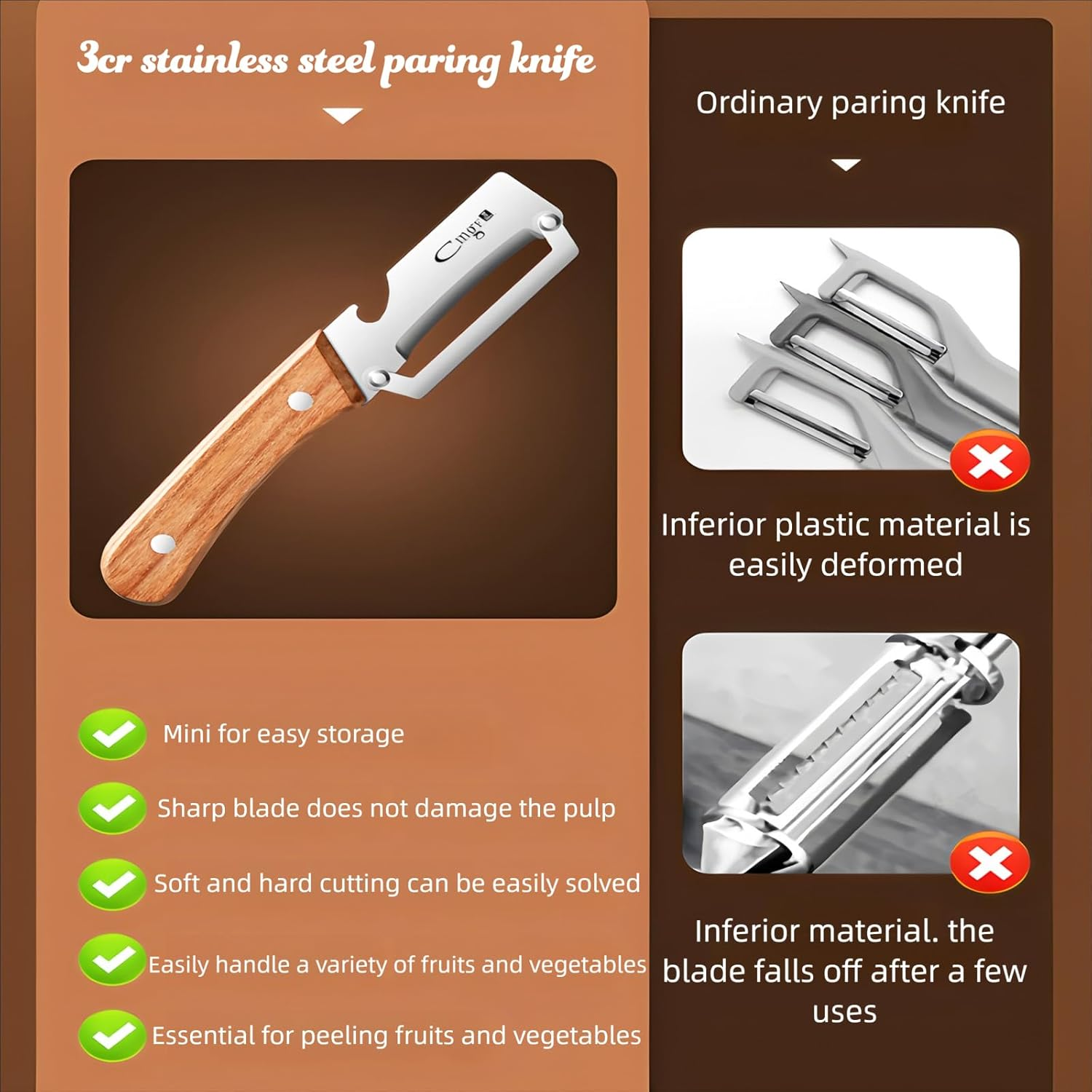 ANMIOU Premium Vegetable Peeler with Wooden Handle and Bottle Opener Stainless Steel Blade Kitchen Tool for Fruit Apple Potato Pumpkin Papaya Zucchini - Silver image number 3