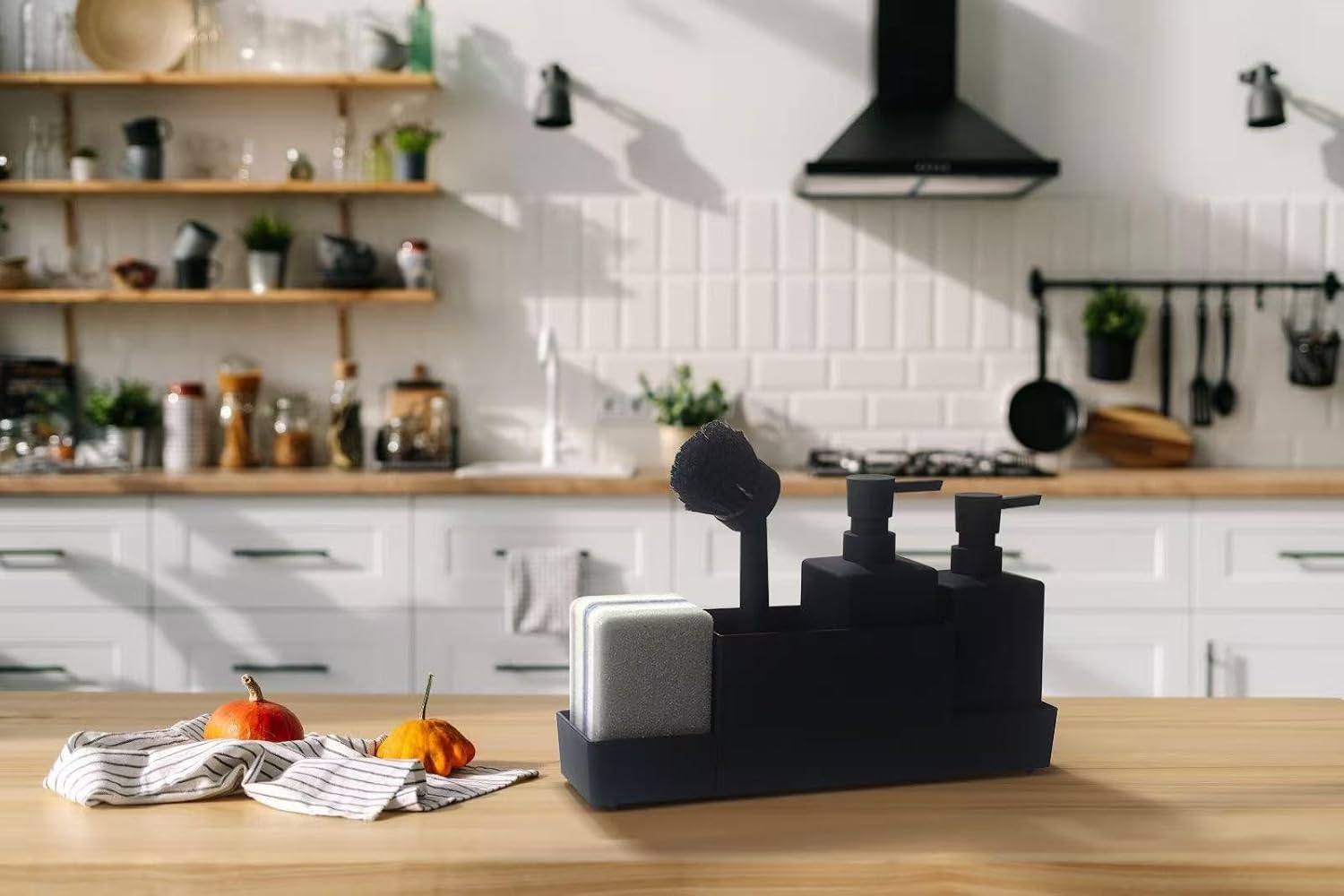 JCQMZB Kitchen Soap Dispenser with Sponge Holder Set for Sink Caddy (Double Soap Dispensers and 1 Brush) Matte Black image number 1