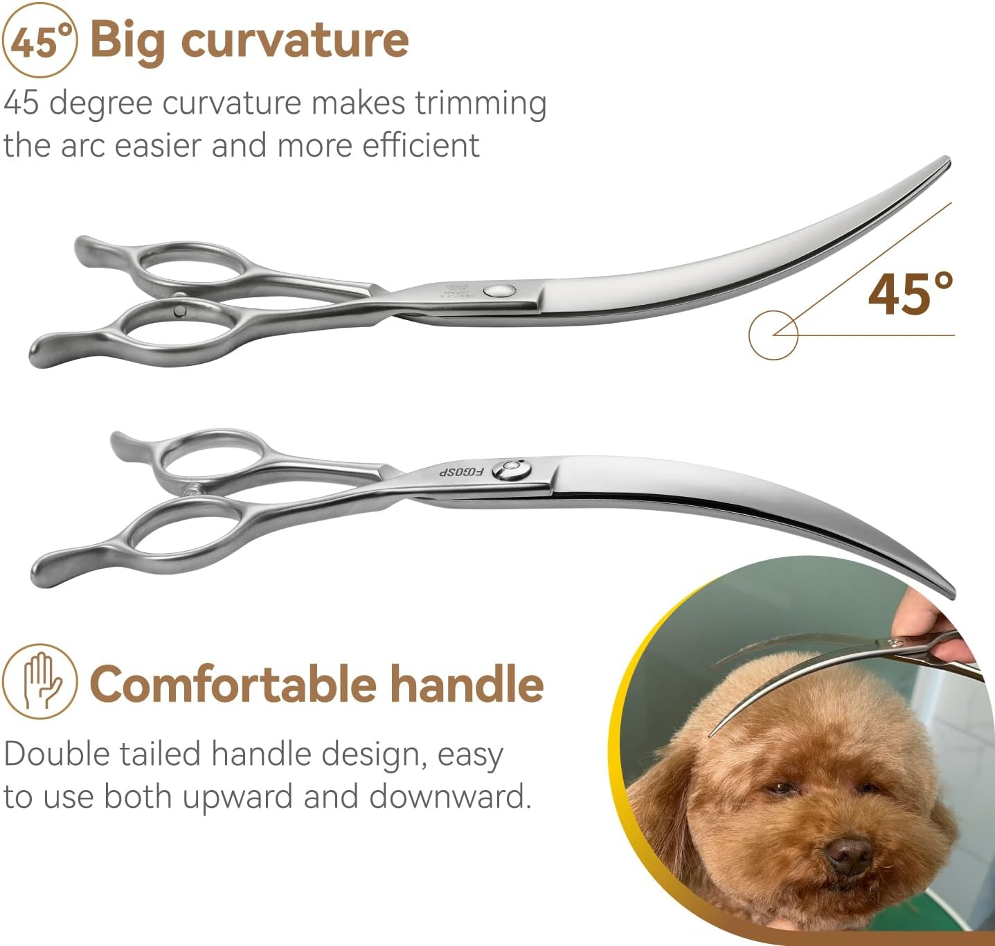 FOGOSP Professional 45&deg;Curved Grooming Scissors for Dogs 7.0 in Big Arc Curved Shears for Professional Groomer Japan VG10 High-Carbon Steel Right Hand Matte