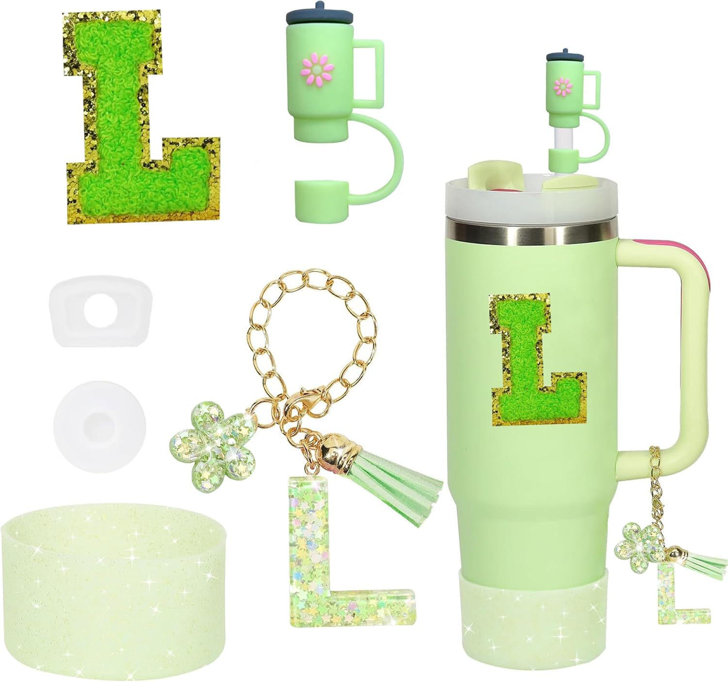 6PCS Cup Accessories Set for Stanley Cup 30Oz 40Oz Tumbler with Handle, Including Silicone Straw Topper Cover Cap and Boot, Spill Proof Stopper, Handle Charm, Initials Sticker(Green S) image number 5