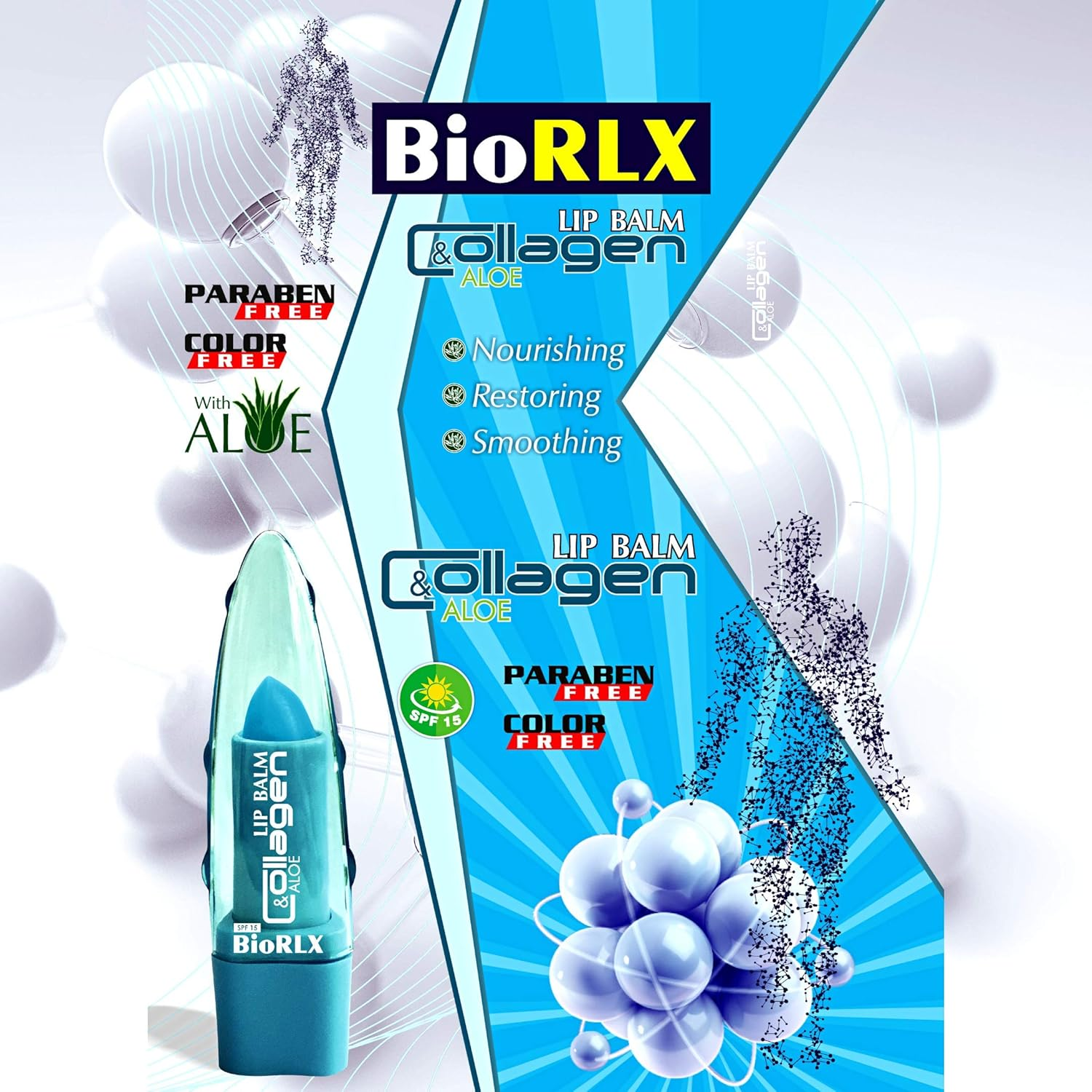 Biorlx Collagen with Aloe Vera Lip Balm SPF 15, Color Free, Paraben Free Naturally Moisturize and Heal Damaging Wind, Harsh Sun, Weather Changes.It Repairs Dry, Cracked Lips image number 1