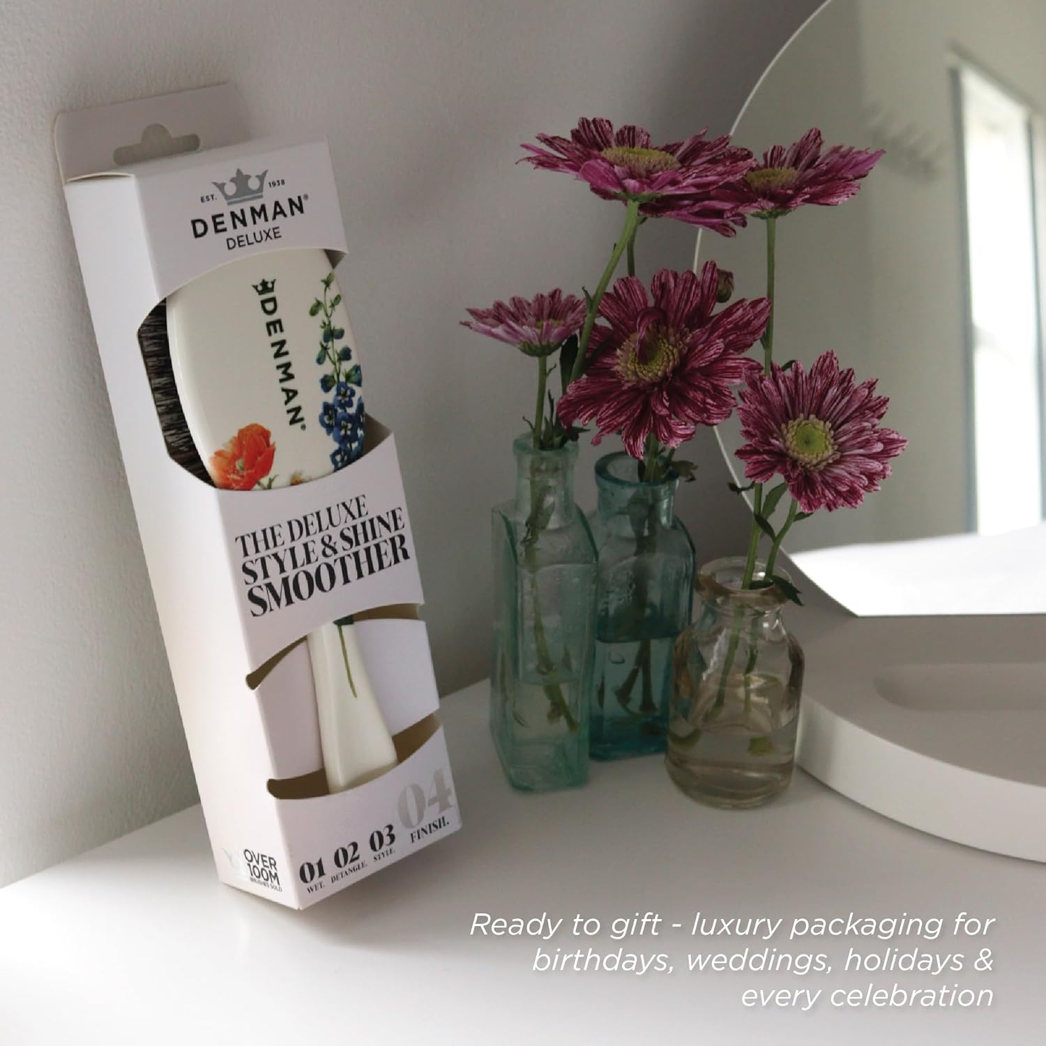 Denman Boar Bristle Hair Brush &ndash; Smoothing & Shine Enhancing for Slick Back Styles, Curl Defining & Detangling. D81M Floral Fantasy Hairbrush with Natural Bristles for All Hair Types for Women & Men image number 1