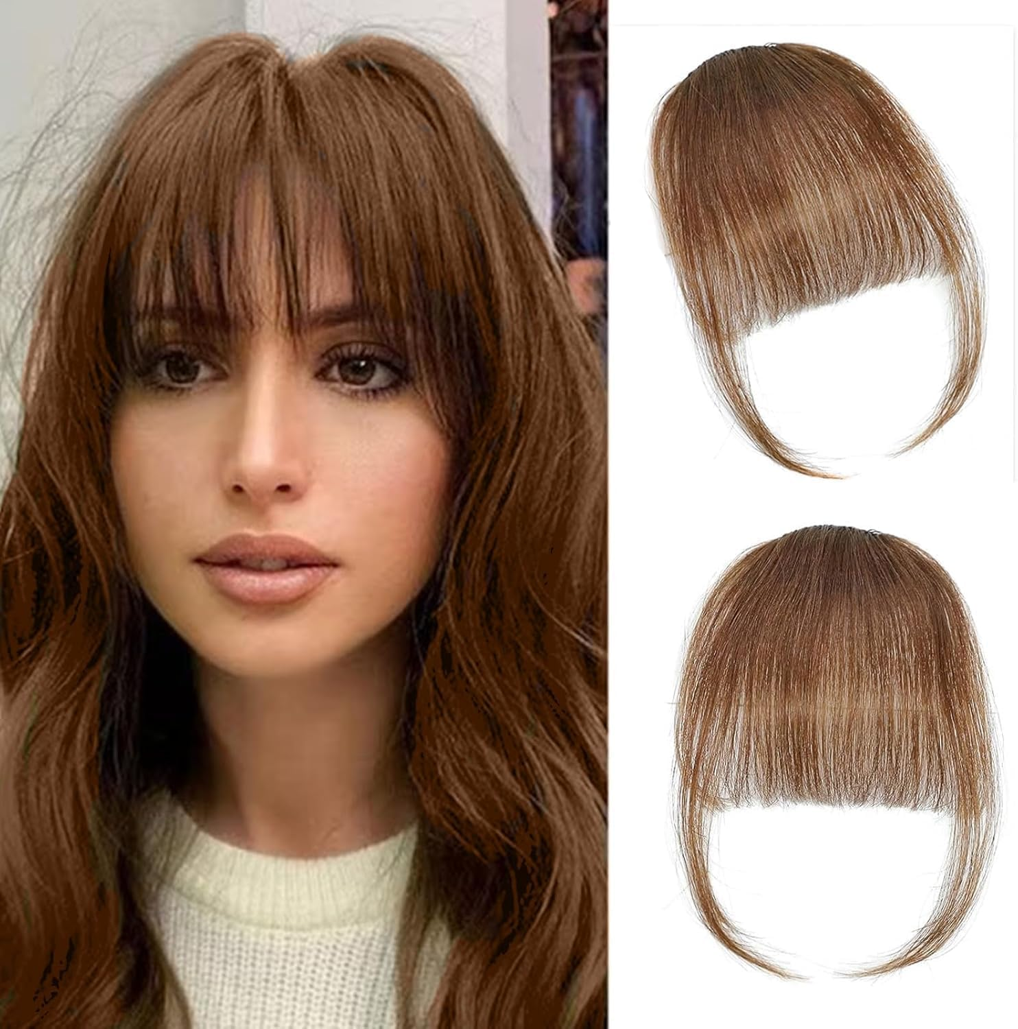 Clip in Bangs - Real Human Hair Extensions for Women,Brown Clip on Wispy Bangs with Temples, Natural Curved Hairpieces for Daily Wear (Light Brown, 6 Inch) image number 3