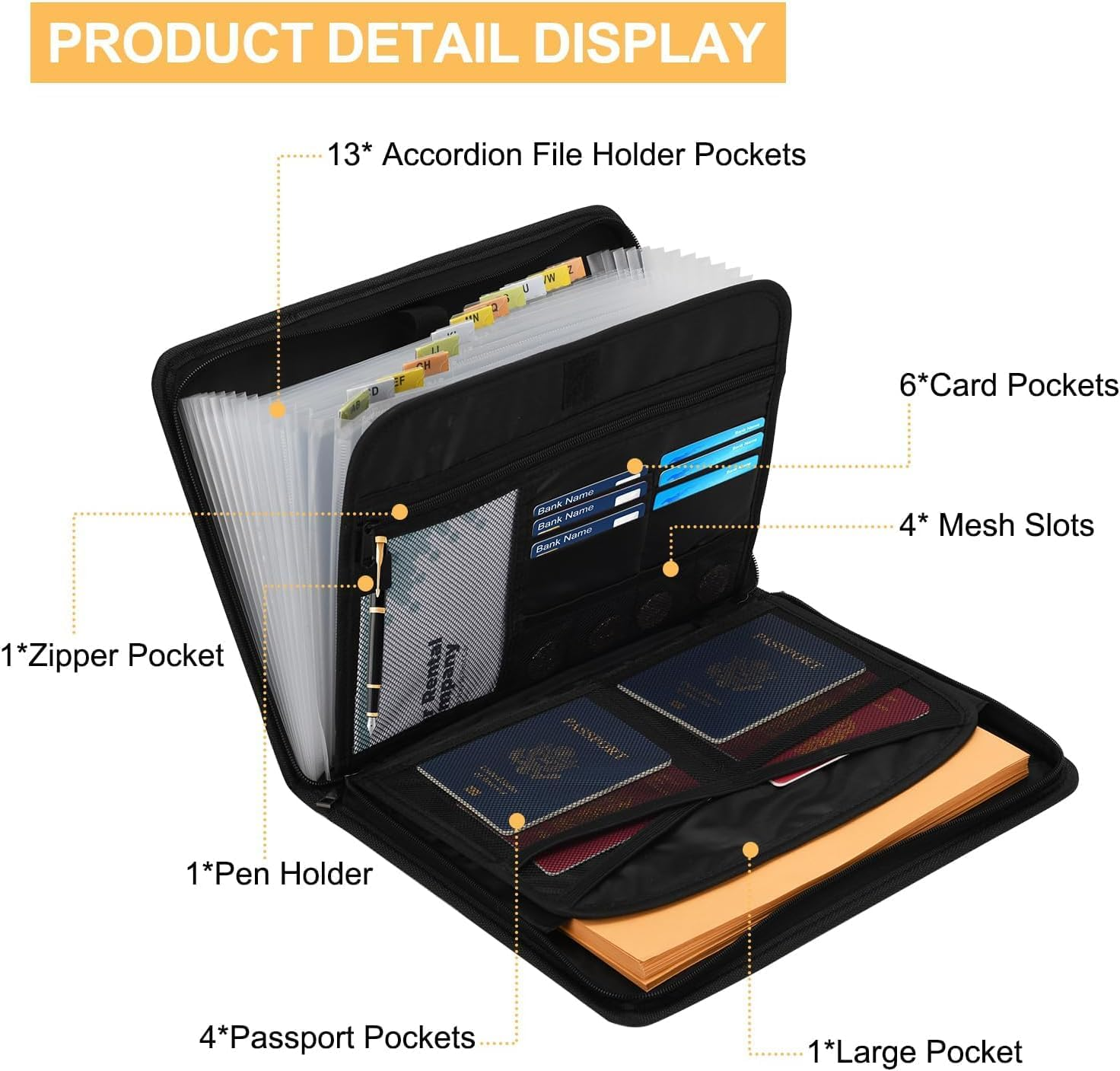 Accordion File Organizer, Fireproof Expanding File Folder with Pockets,13 Pockets Document Organizer with Zipper and Labels, Portable Home Travel Safe Storage for Letter A4 Files and More (Black) image number 6