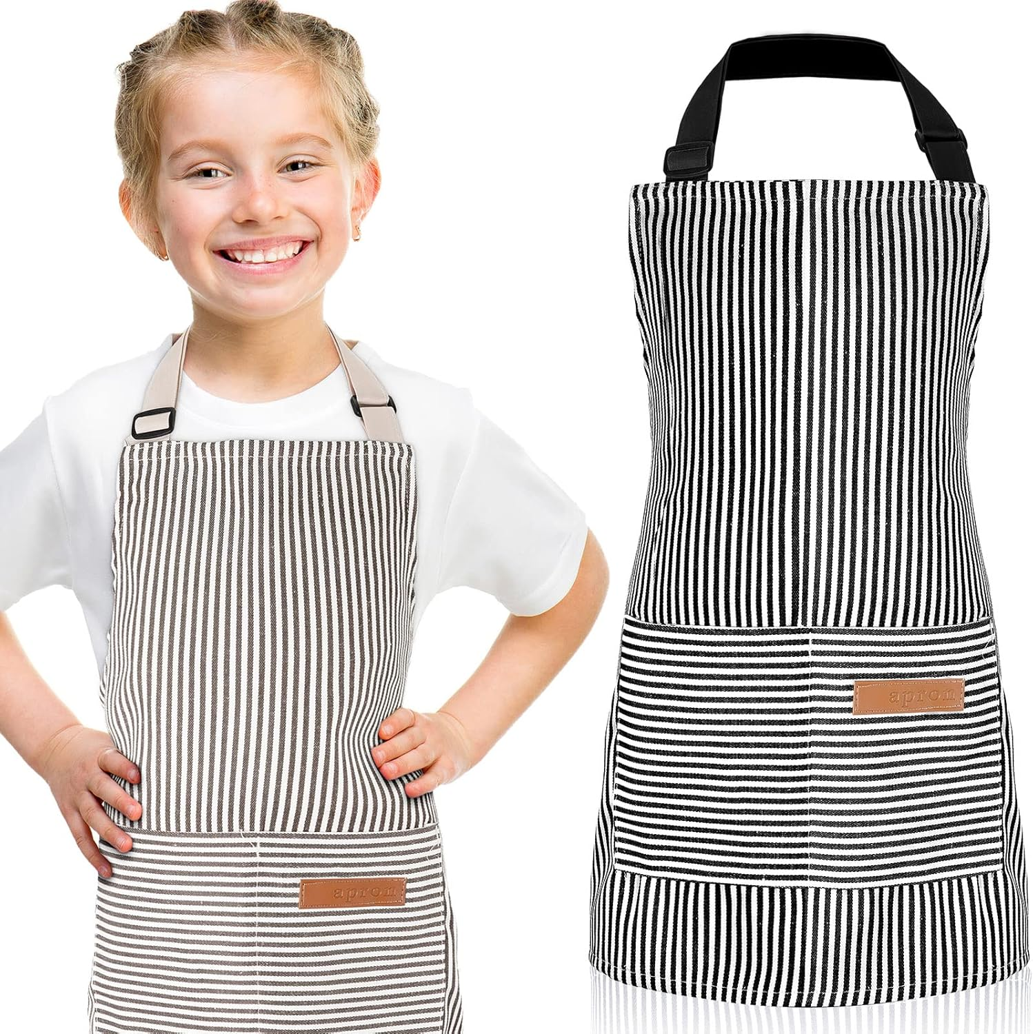 Jiuguva 2 Pack Kids Apron Adjustable Chef Apron Cotton Toddler Stripe Apron Cooking Aprons with 2 Pockets for Children Baking