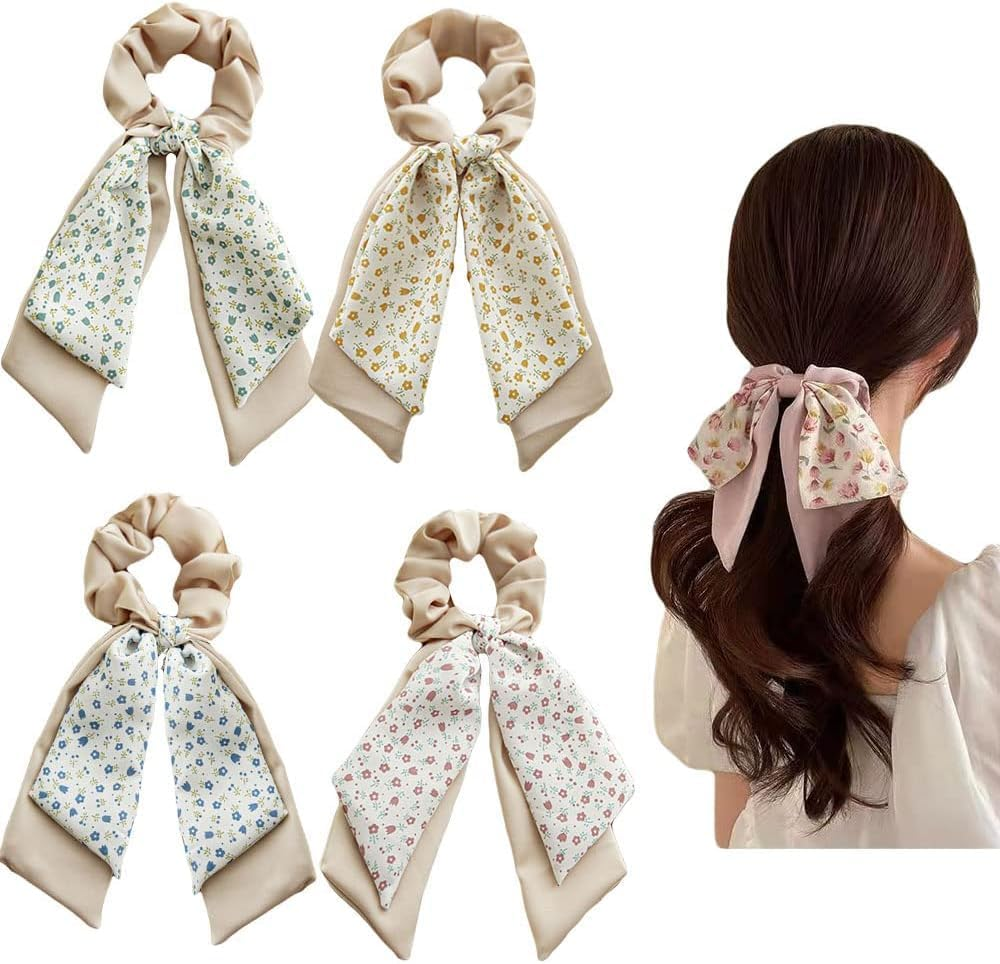 Double Hair Scarf Scrunchies with Ribbon Ties, Bow Scrunchies for Women Girls, Chiffon Floral Scrunchie Short Hair Bows Ties Ponytail Holder (4PCS) (Set 1, One Size) image number 1
