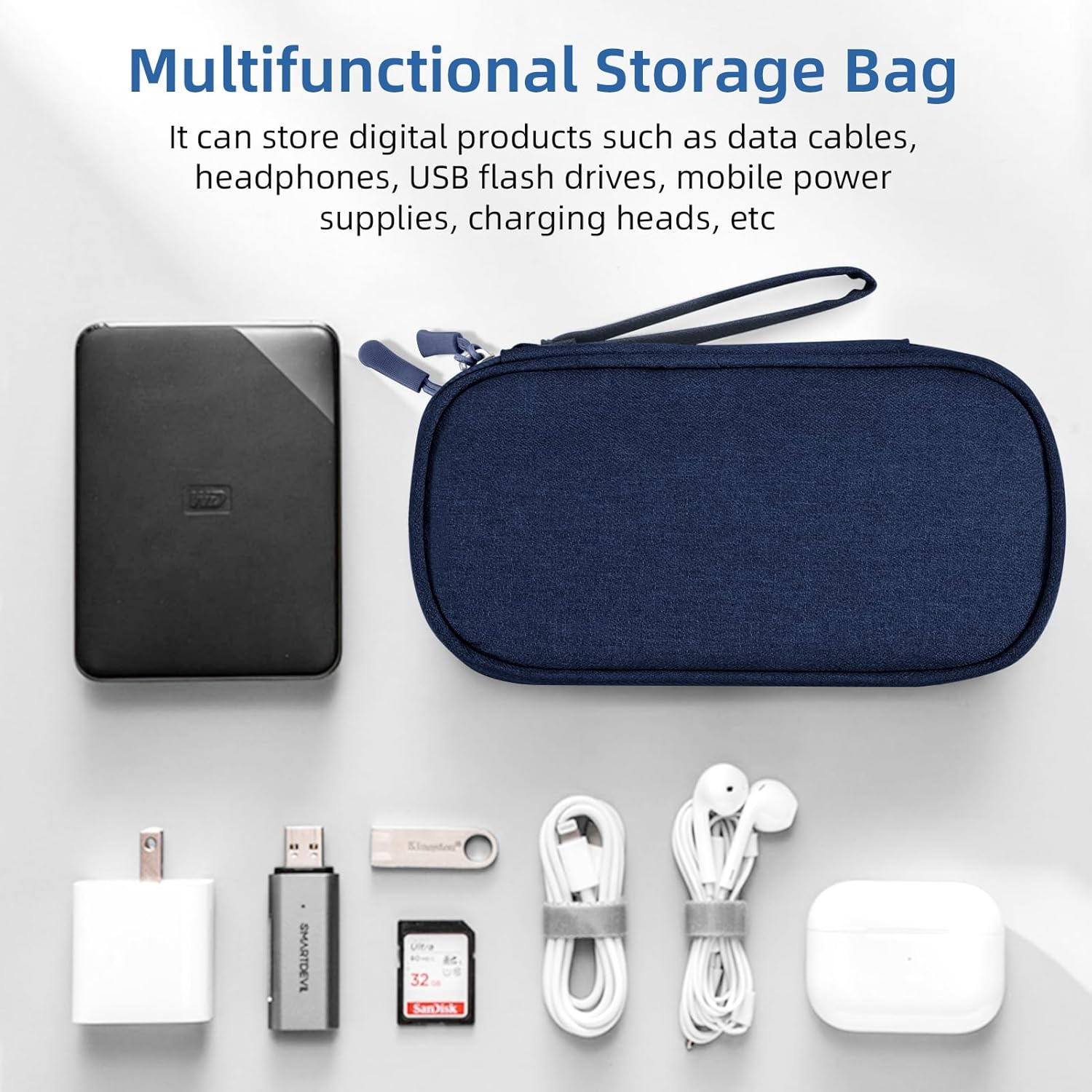 Beownest Travel Electronic Organizer Bag 21X14X5Cm, 2-Layer Waterproof Tech Organizer with USB Ports & Cable Management for Power Bank, Laptop Adapter, Phone, Earbuds (Navy) image number 1