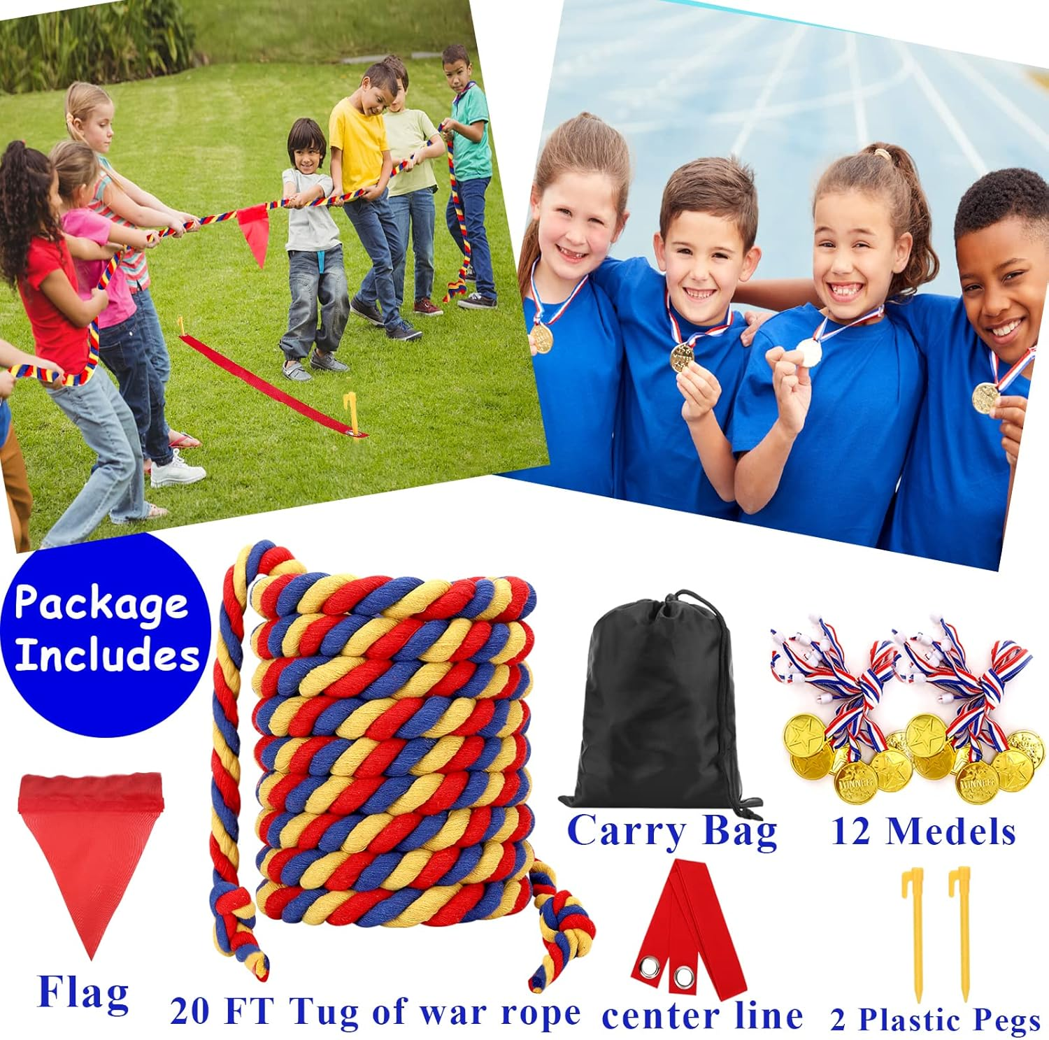 Outdoor Games 20 FT Tug of War Rope for Kids and Adults, Field Day Family Reunion Birthday Party Yard Lawn Games, Summer outside Camping Picnic Carnival Games, Perfect for Team Building Activities