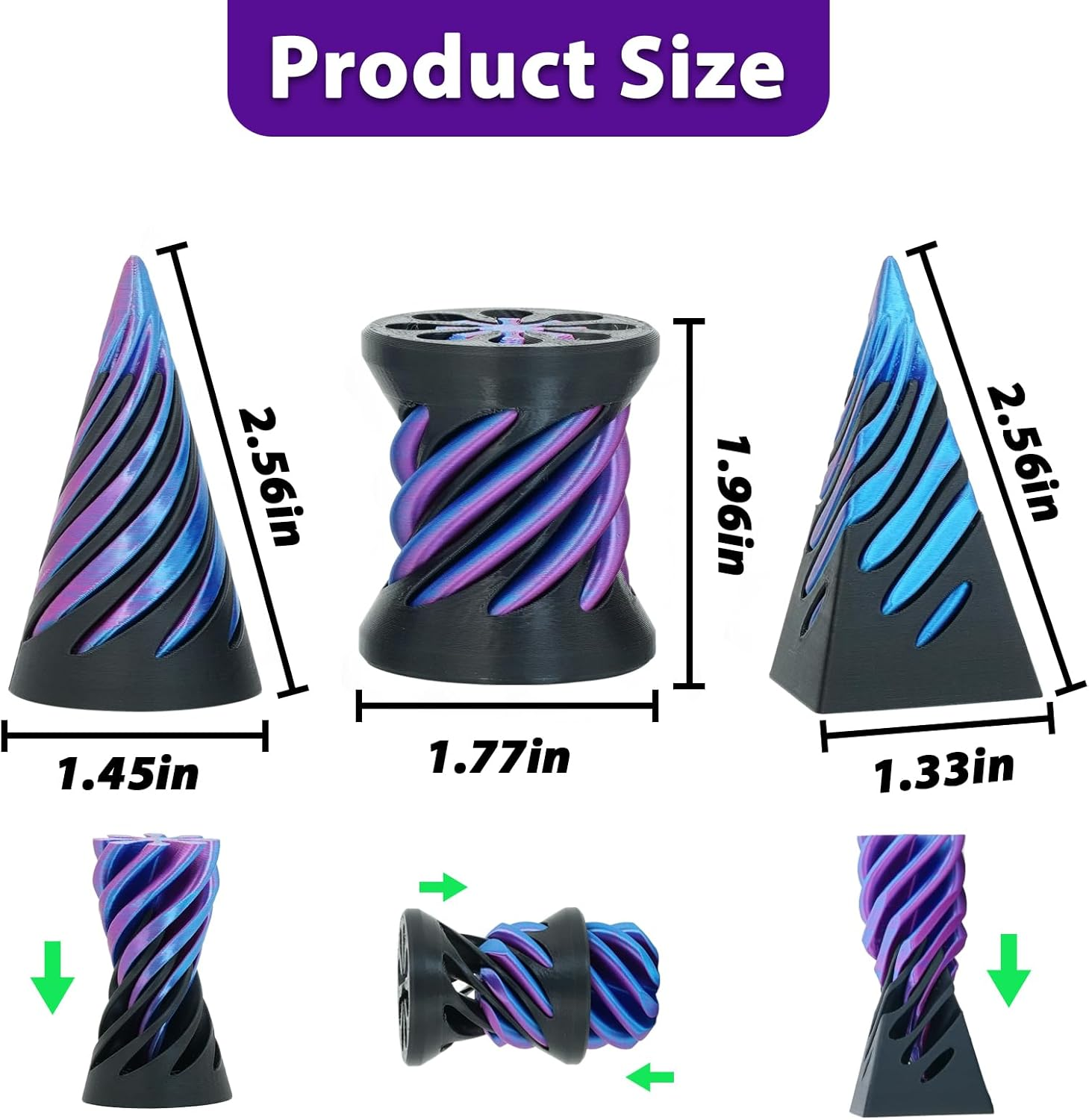 3 Packs Impossible Spiral Cone Fidget Toys,3D Printed Pyramid Passthrough Sculpture,Mini Sensory Toy for Stress Relief Anxiety Relaxation,Desktop Decor Gifts for Adults & Kids (Blue Black)