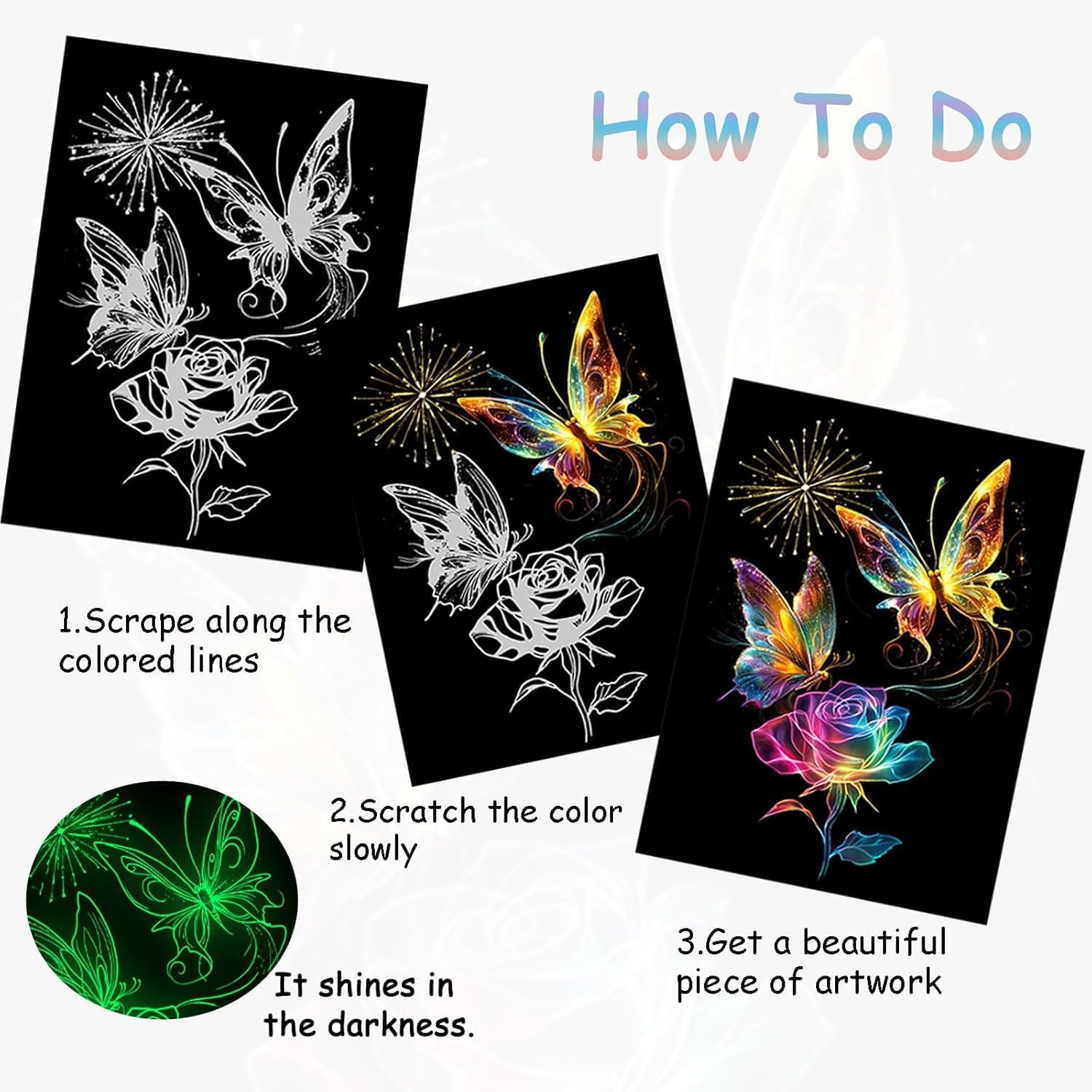 12 Pcs Glow in the Dark Scratch Art Rainbow Painting Paper with Pen, Rainbow Engraving Landscape Scratchboard(A4) for Adults, Fun Sketch Card Creative Craft (Ocean Butterfly Peacock) image number 6