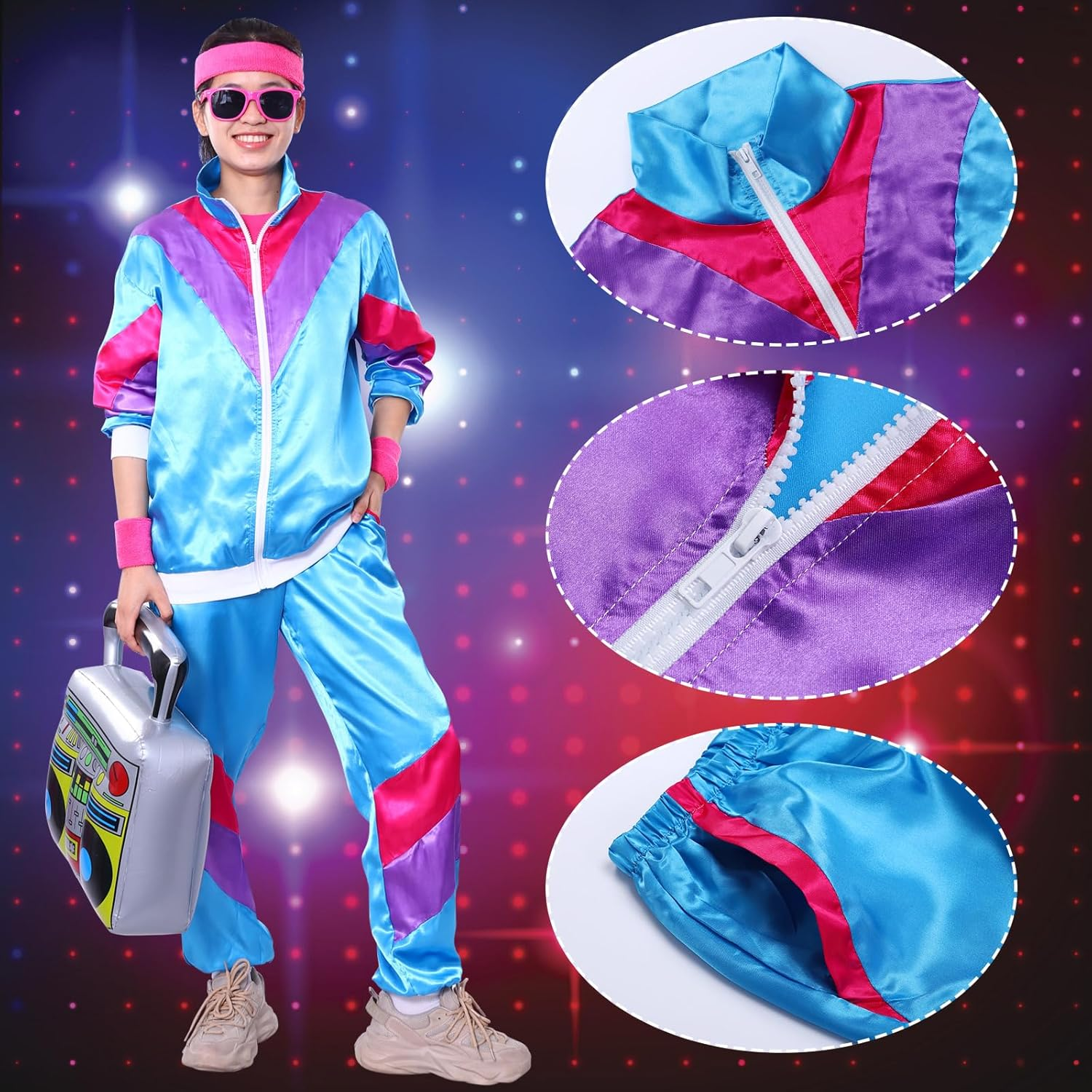 80S 90S Costume Men Women Retro 80S Tracksuit 1980S Disco Costume Fancy Dress Workout Costumes for Adult Shell Suit for Men Women Outfits Adults Halloween 90S Theme Party image number 5