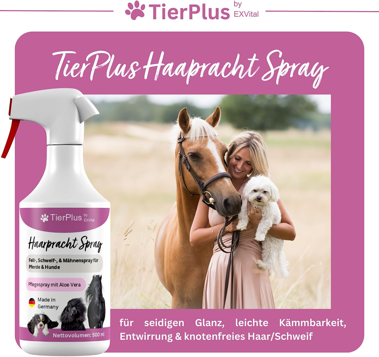 Tierplus Haarpracht Spray for Horses & Dogs, 500 Ml Spray Bottle, Coat, Tail & Mane Spray, Care Spray for Silky Shine, Easy Combing & Detangling, Naturally Skin-Friendly Care