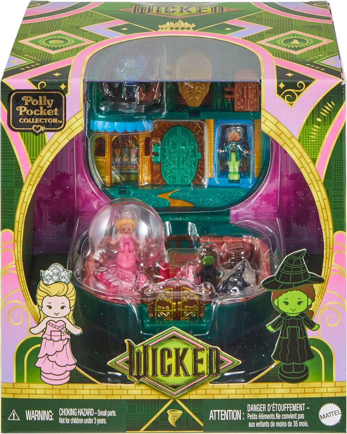 Polly Pocket Wicked X Polly Pocket Collector Compact, Micro Dolls and Playset, 2 Themed Accessories, Iconic Shiz & Oz Locations, Glinda, Elphaba, & the Wizard