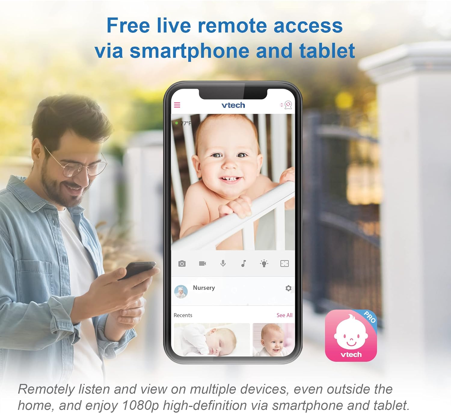 Vtech RM9751 Yellow Daisy Smart Wi-Fi Baby Camera, Ios & Android Enabled, 1080P Full HD, Privacy Mode Cover, Night Light, Soothing Sounds & Lullabies, Two-Way Intercom,Temperature Sensor, Night Vision image number 1